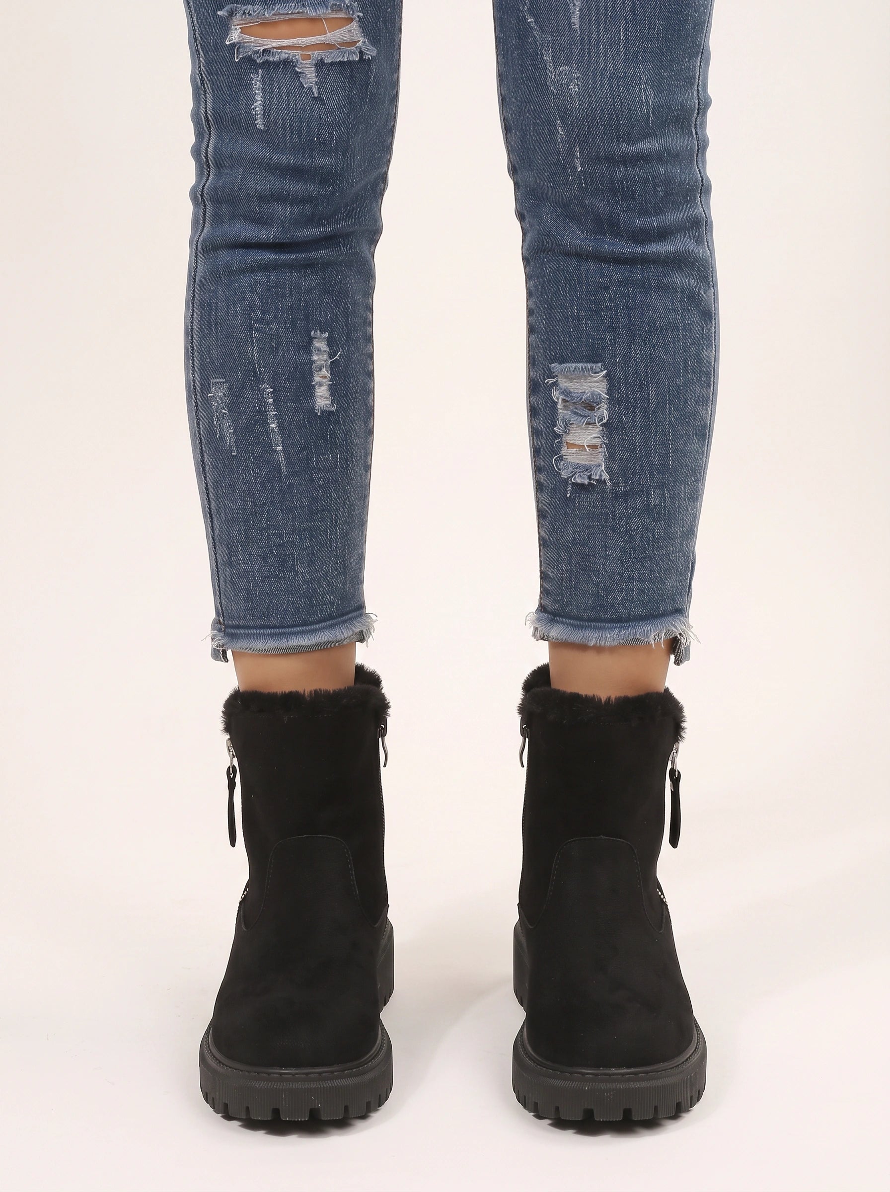 Traxine Faux Fur Ankle Boots – Women Winter Lug Sole Zip Chelsea Platform Chunky Boots