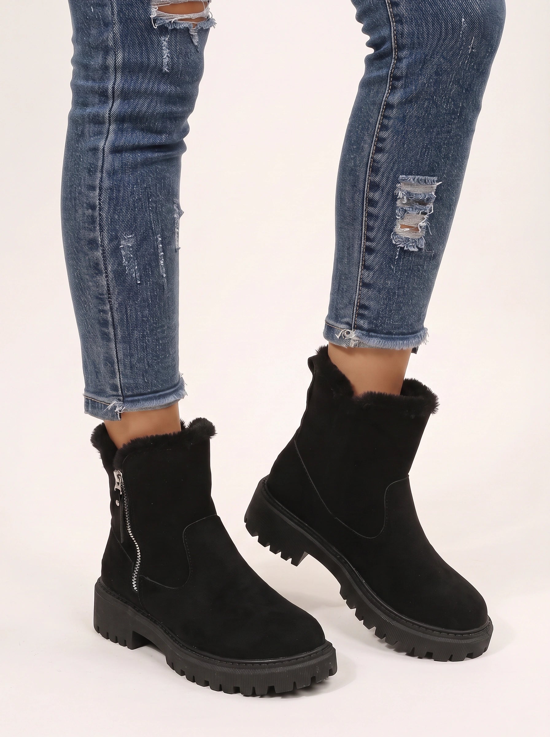 Traxine Faux Fur Ankle Boots – Women Winter Lug Sole Zip Chelsea Platform Chunky Boots
