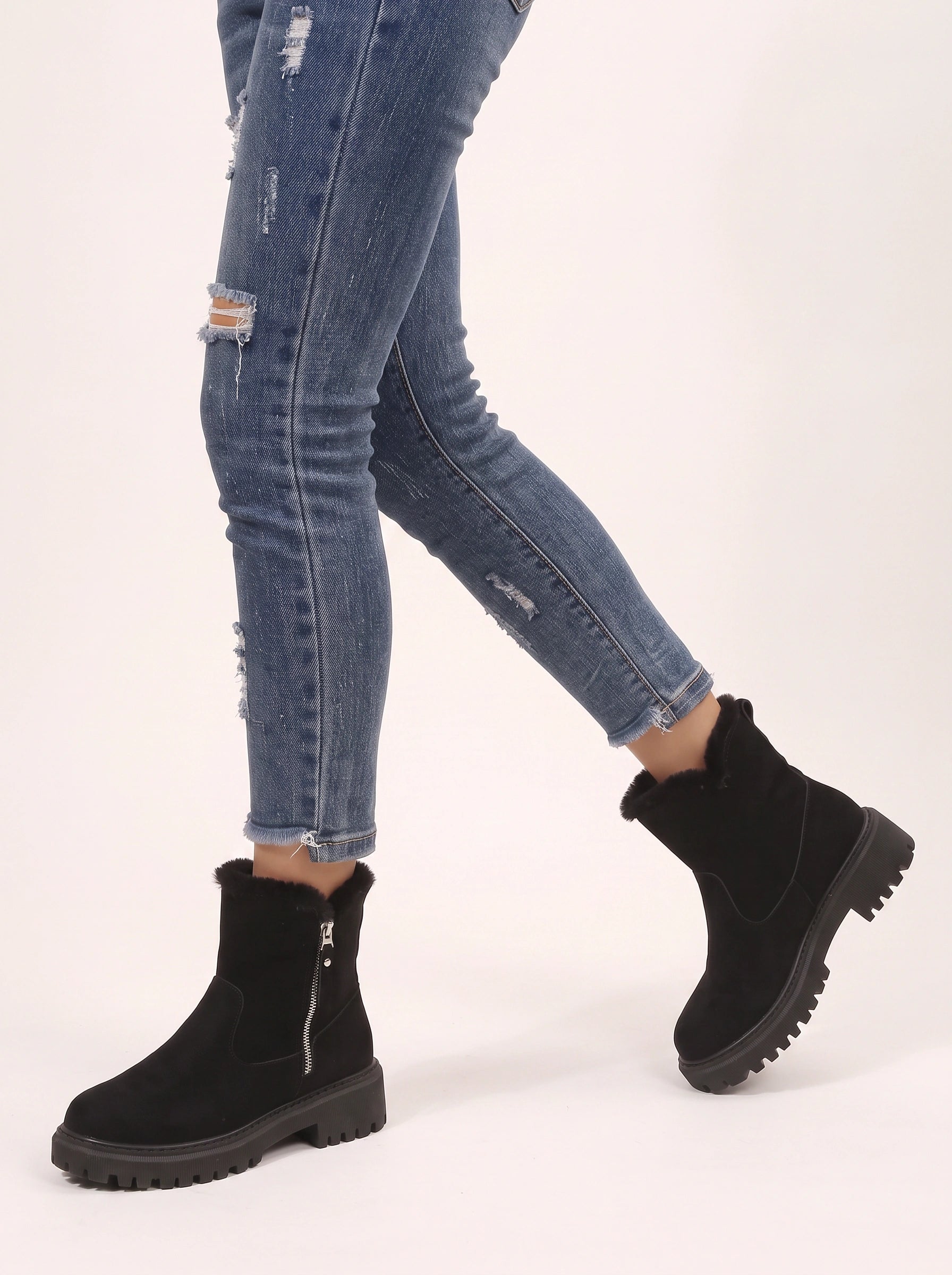 Traxine Faux Fur Ankle Boots – Women Winter Lug Sole Zip Chelsea Platform Chunky Boots