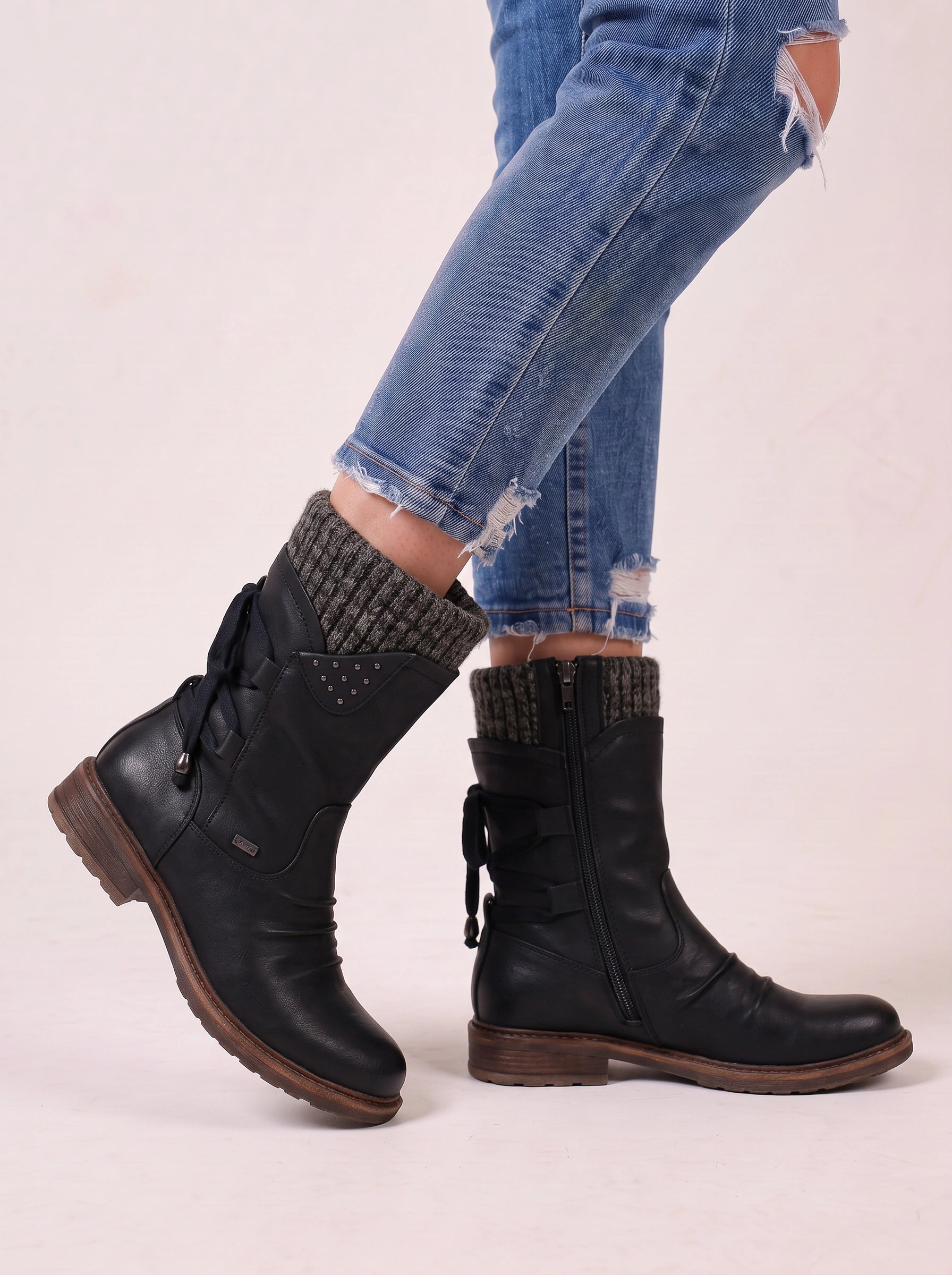 Knitrim Leather Mid-Calf Boots – Women Combat Biker Boots Knit Cuff Zipper Side Casual Winter Mid-Calf Boots