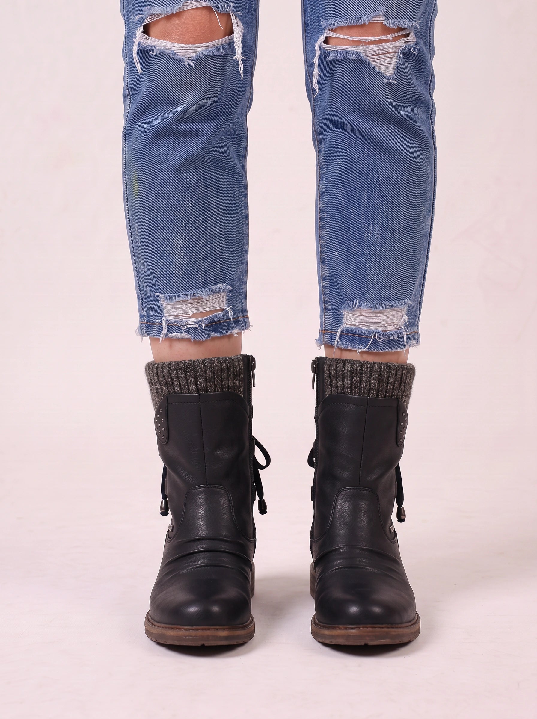 Knitrim Leather Mid-Calf Boots – Women Combat Biker Boots Knit Cuff Zipper Side Casual Winter Mid-Calf Boots