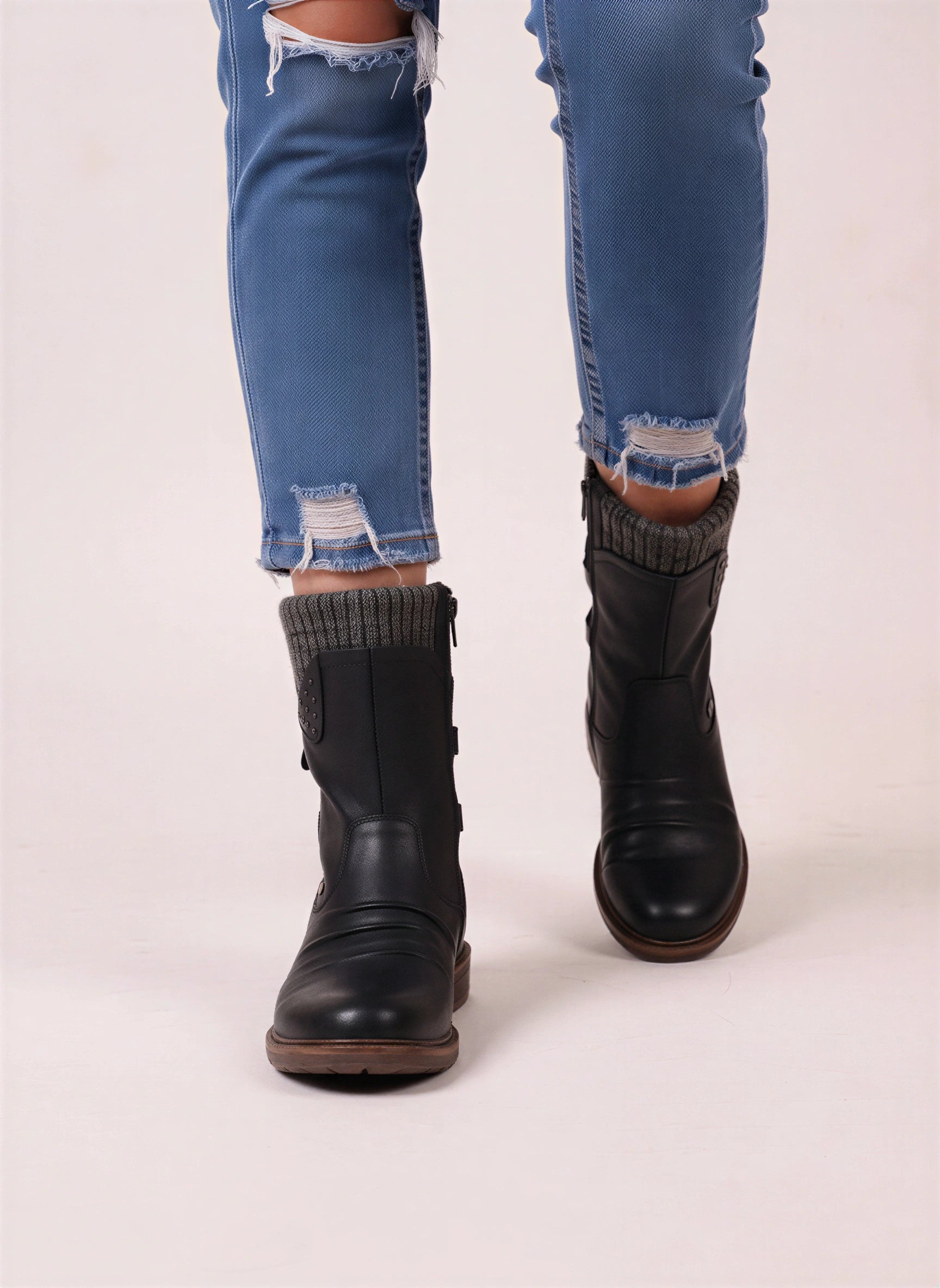 Knitrim Leather Mid-Calf Boots – Women Combat Biker Boots Knit Cuff Zipper Side Casual Winter Mid-Calf Boots