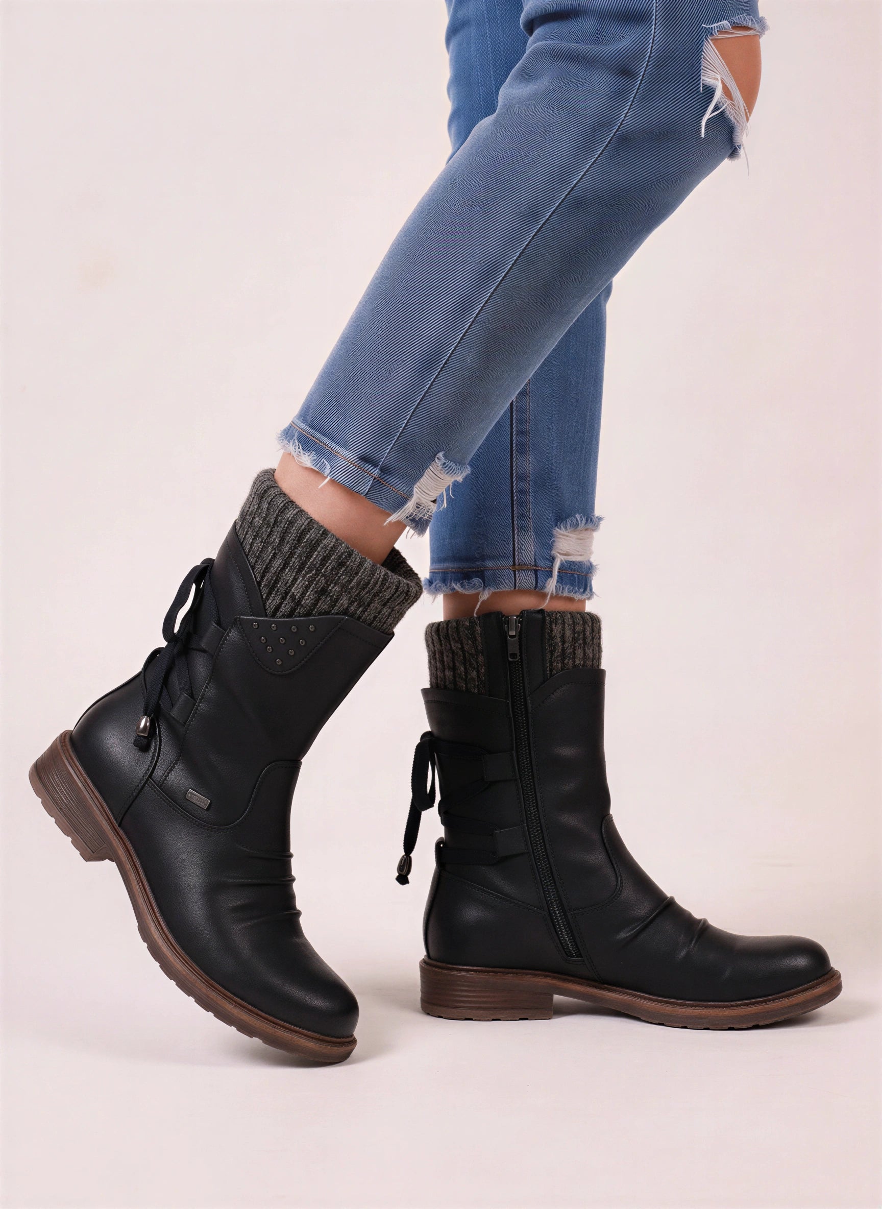 Knitrim Leather Mid-Calf Boots – Women Combat Biker Boots Knit Cuff Zipper Side Casual Winter Mid-Calf Boots