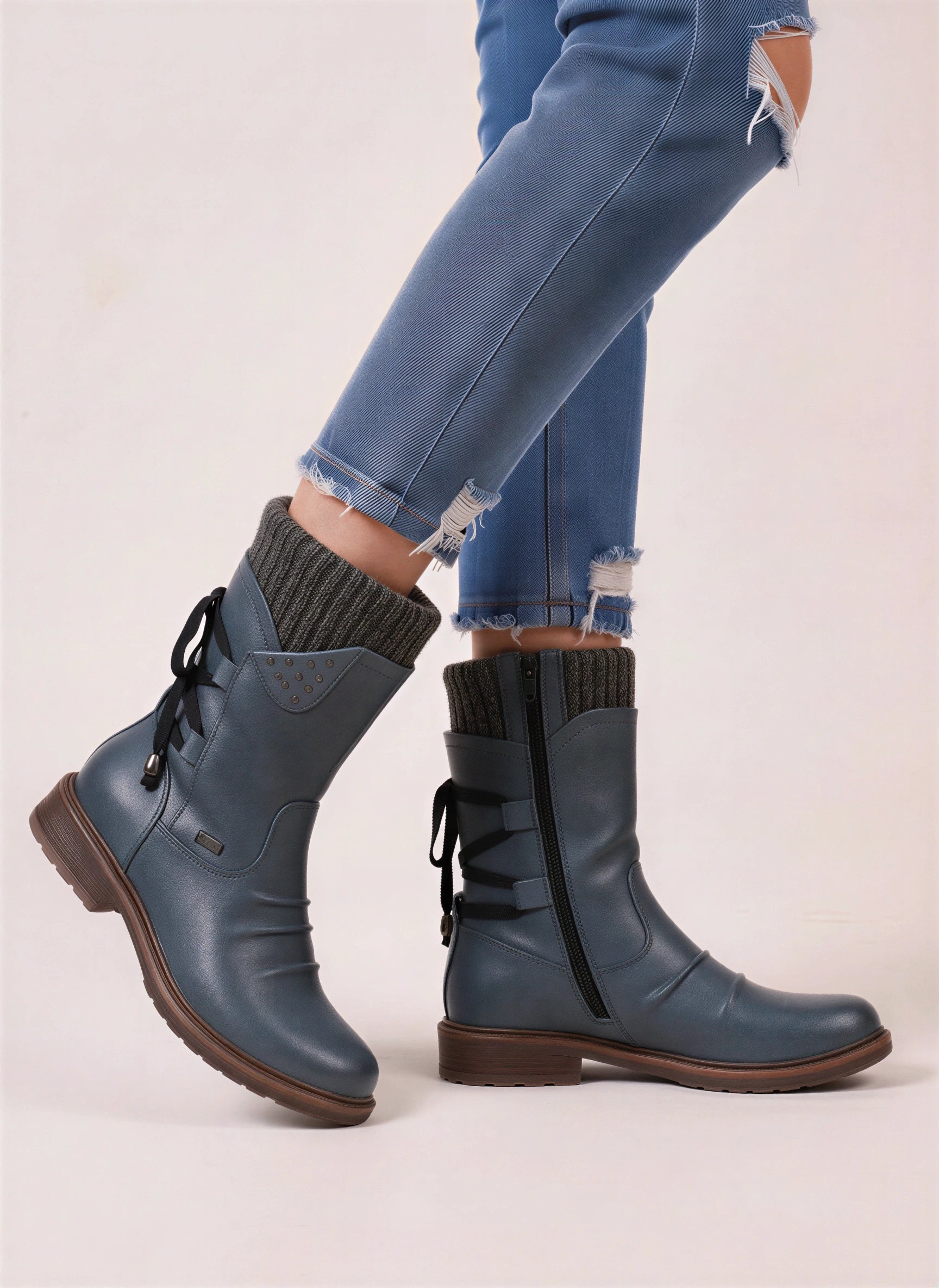Knitrim Leather Mid-Calf Boots – Women Combat Biker Boots Knit Cuff Zipper Side Casual Winter Mid-Calf Boots