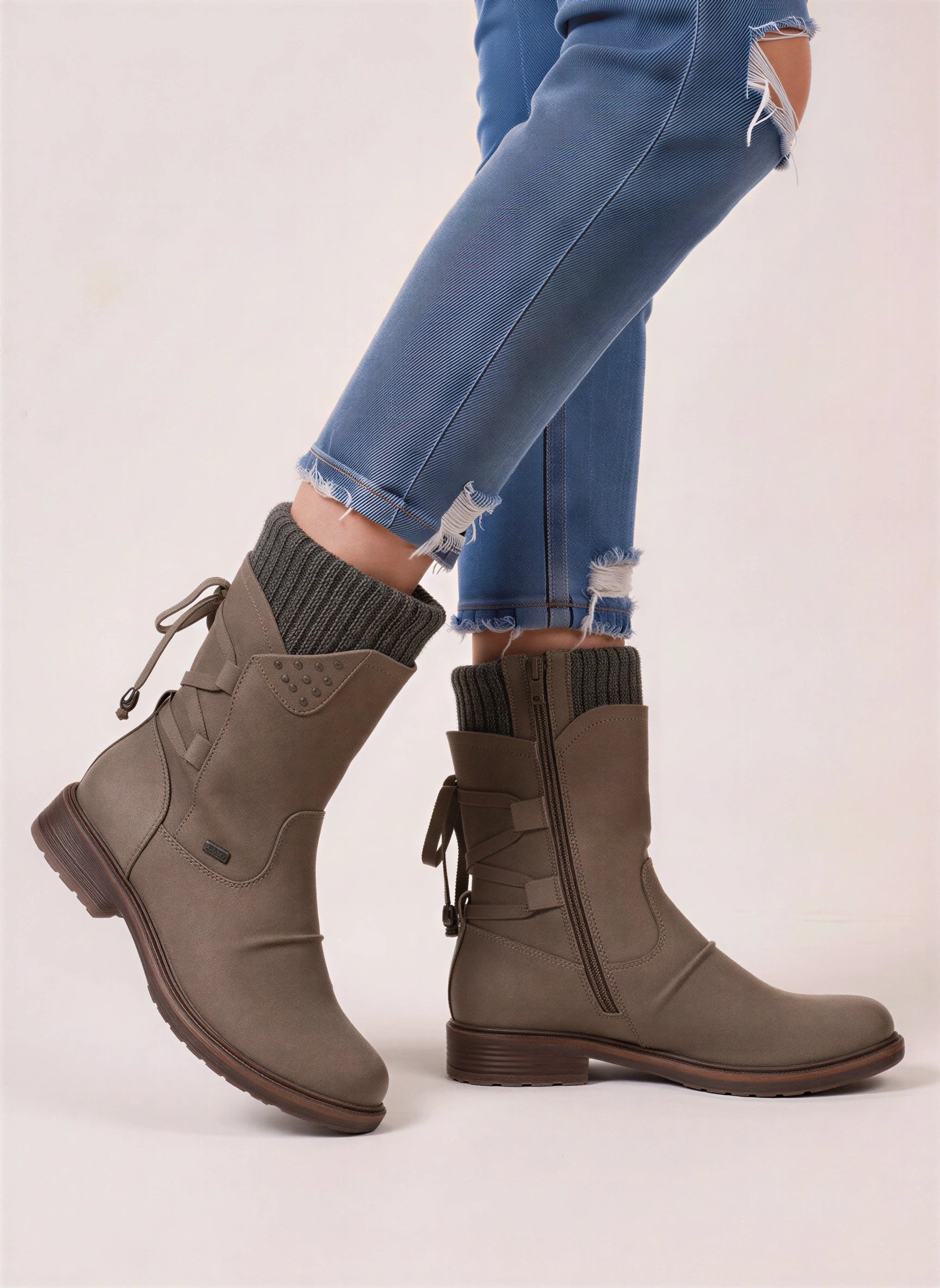 Knitrim Leather Mid-Calf Boots – Women Combat Biker Boots Knit Cuff Zipper Side Casual Winter Mid-Calf Boots