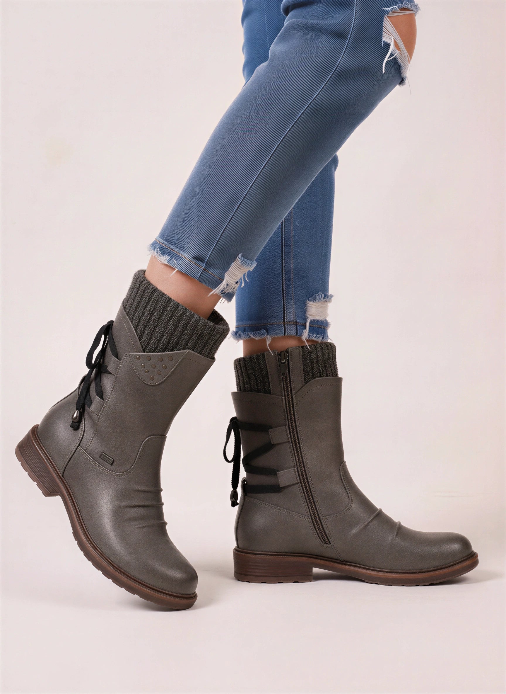 Knitrim Leather Mid-Calf Boots – Women Combat Biker Boots Knit Cuff Zipper Side Casual Winter Mid-Calf Boots