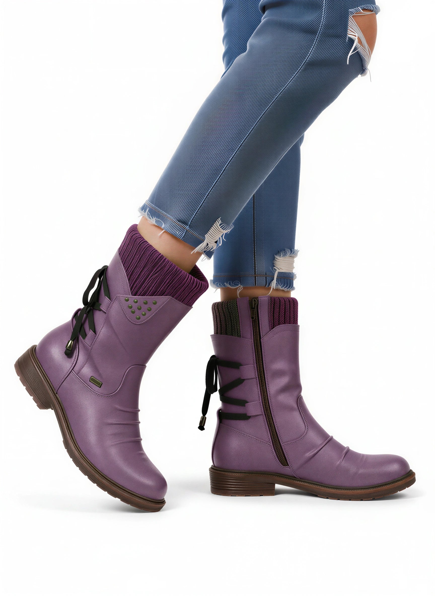 Knitrim Leather Mid-Calf Boots – Women Combat Biker Boots Knit Cuff Zipper Side Casual Winter Mid-Calf Boots