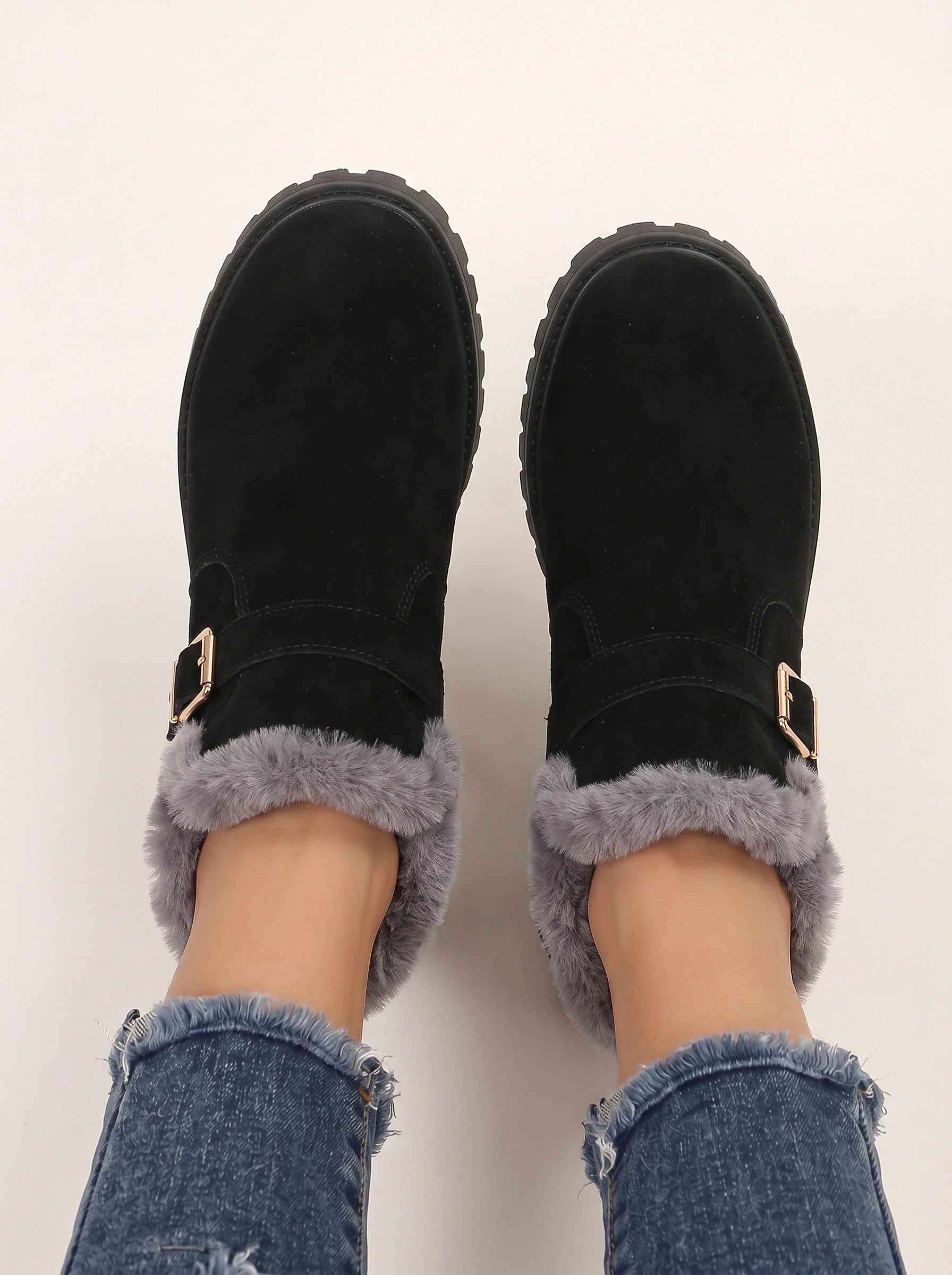 Frostrim Faux Fur Trim Ankle Boots – Suede Buckle Strap Winter Women Casual Ankle Boots