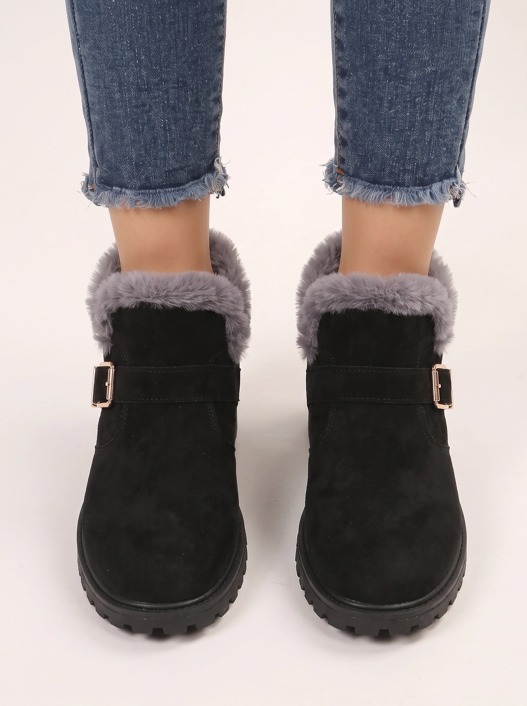 Frostrim Faux Fur Trim Ankle Boots – Suede Buckle Strap Winter Women Casual Ankle Boots