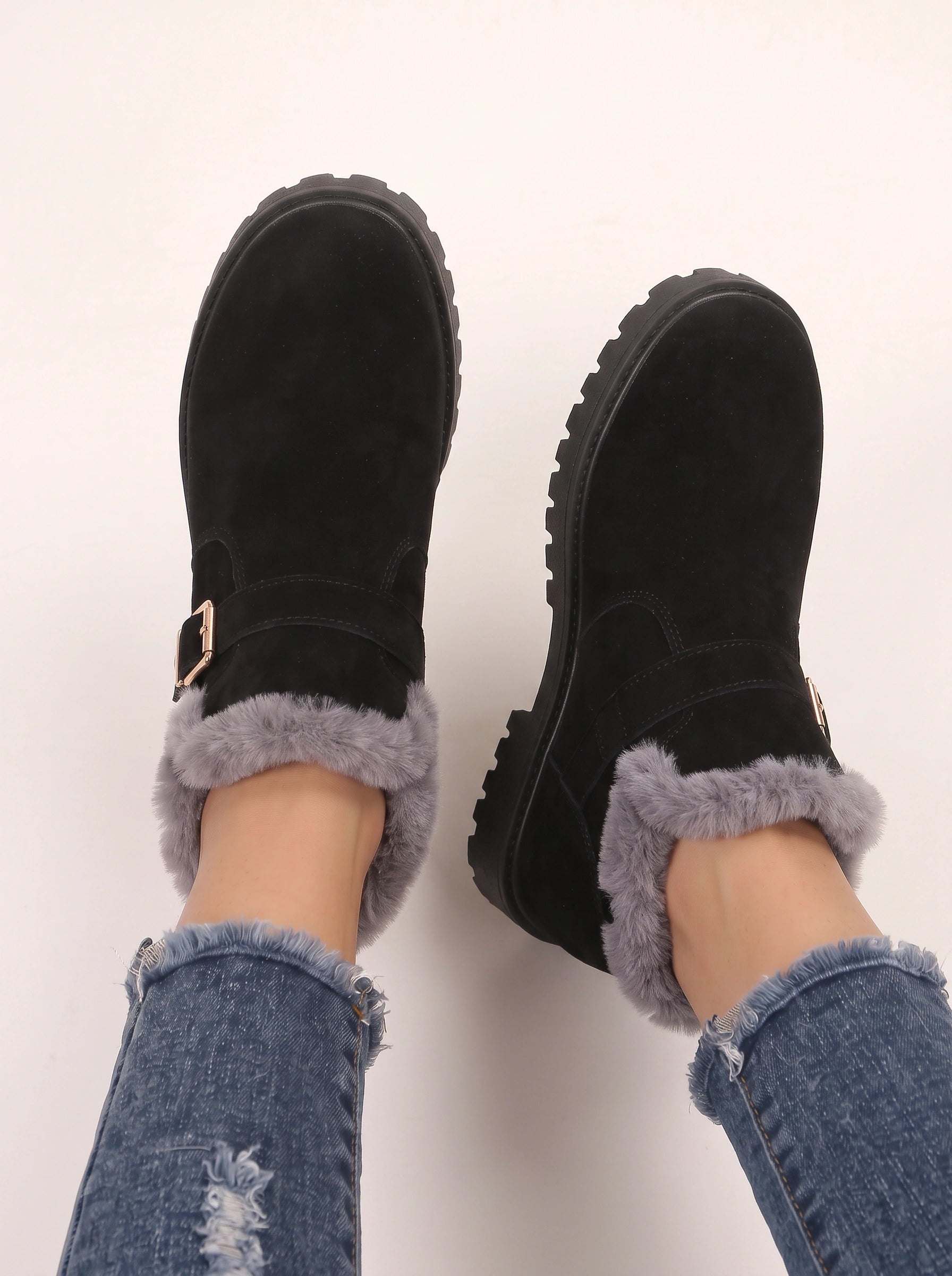 Frostrim Faux Fur Trim Ankle Boots – Suede Buckle Strap Winter Women Casual Ankle Boots