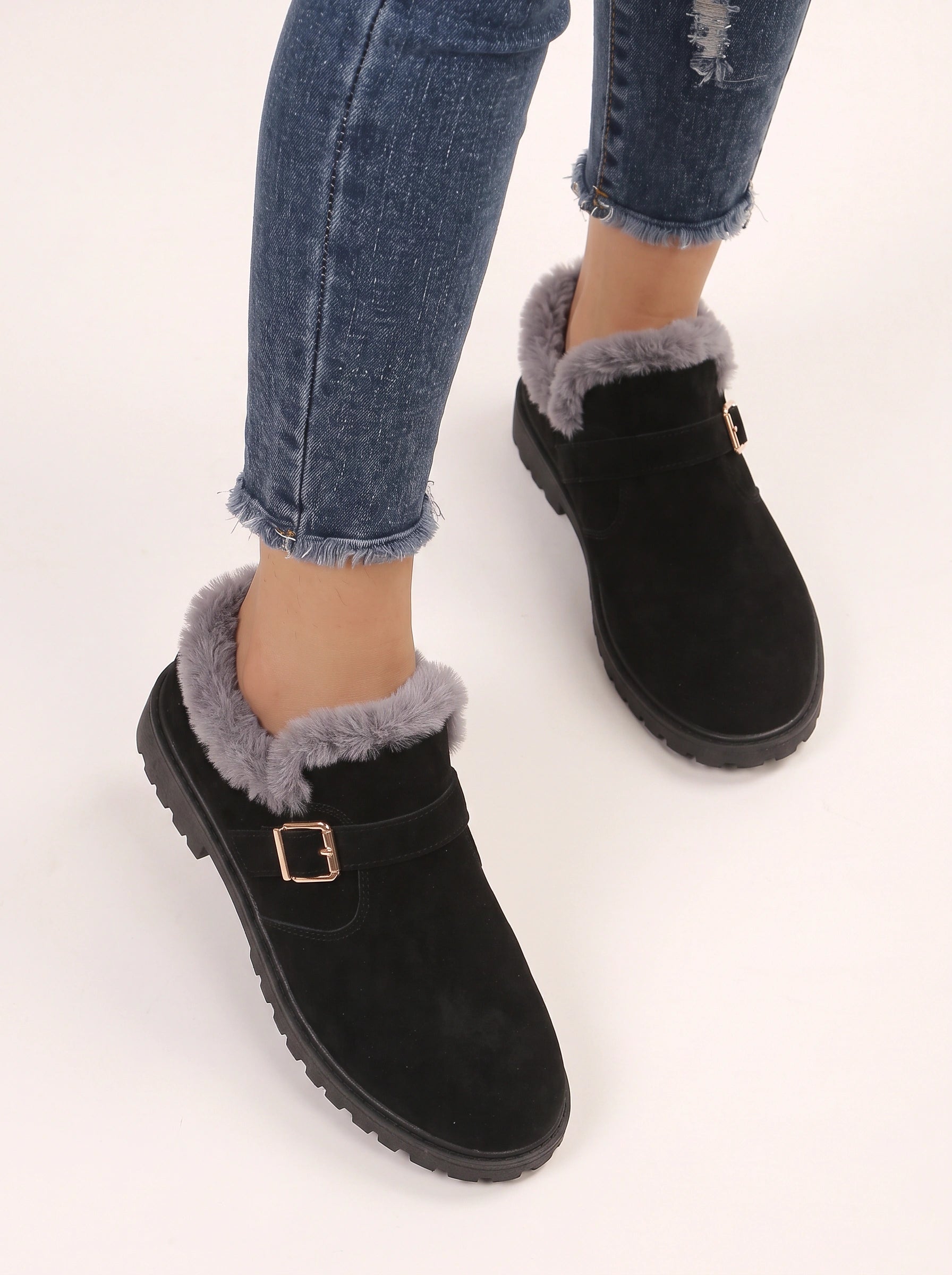 Frostrim Faux Fur Trim Ankle Boots – Suede Buckle Strap Winter Women Casual Ankle Boots