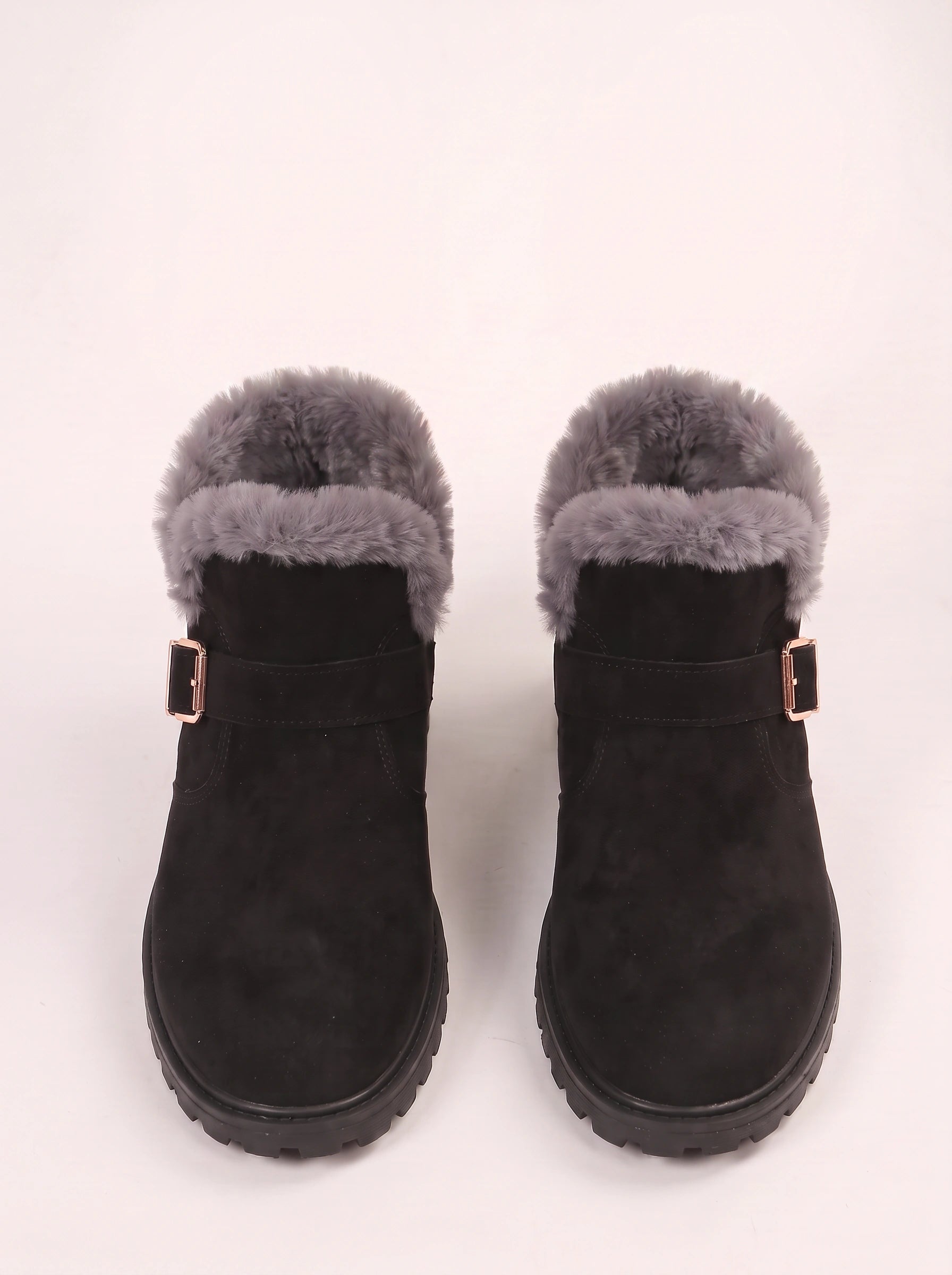 Frostrim Faux Fur Trim Ankle Boots – Suede Buckle Strap Winter Women Casual Ankle Boots