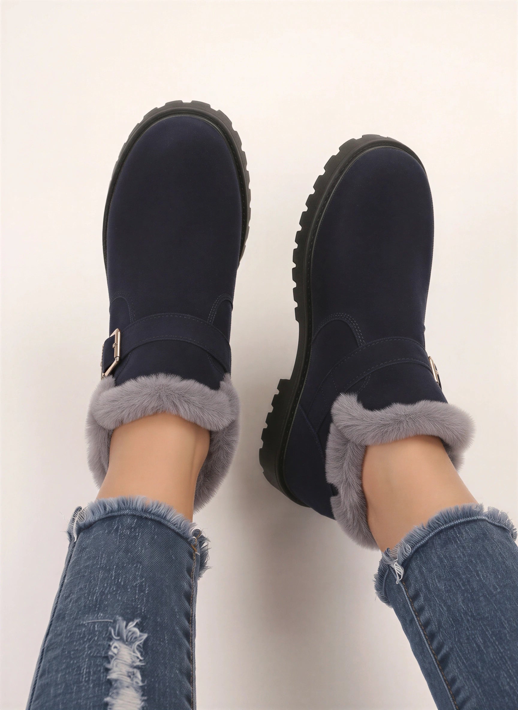 Frostrim Faux Fur Trim Ankle Boots – Suede Buckle Strap Winter Women Casual Ankle Boots