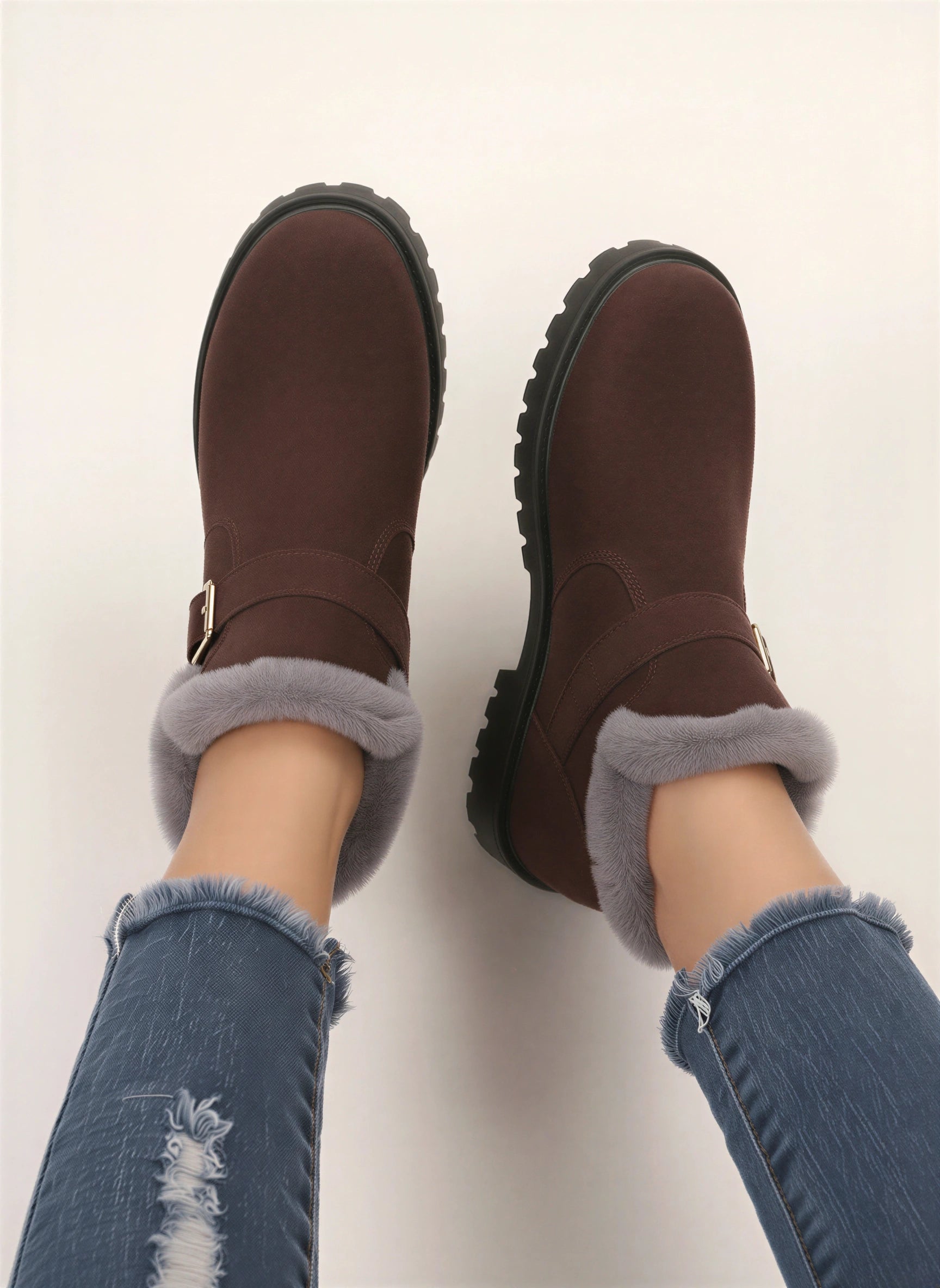 Frostrim Faux Fur Trim Ankle Boots – Suede Buckle Strap Winter Women Casual Ankle Boots