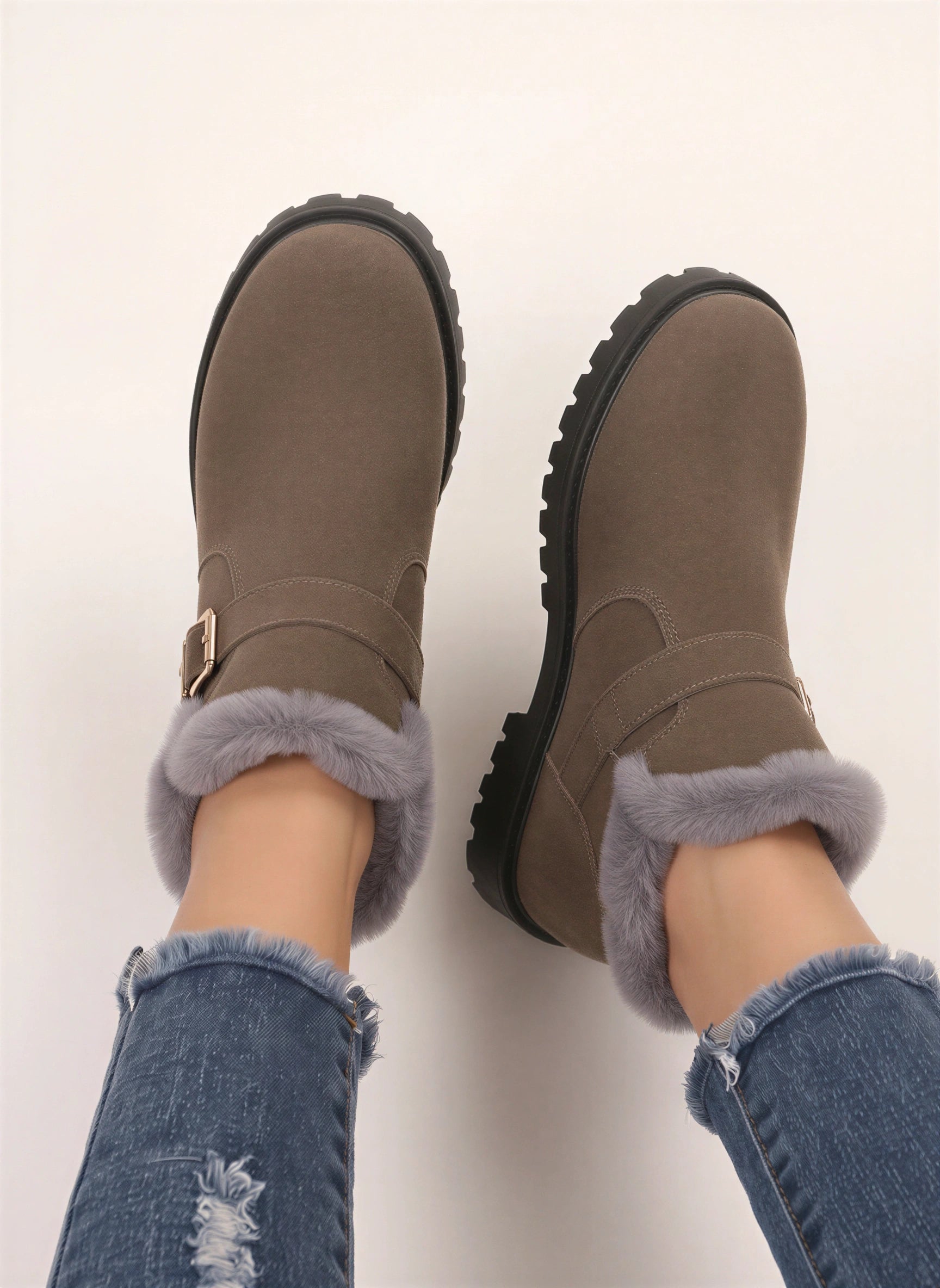 Frostrim Faux Fur Trim Ankle Boots – Suede Buckle Strap Winter Women Casual Ankle Boots