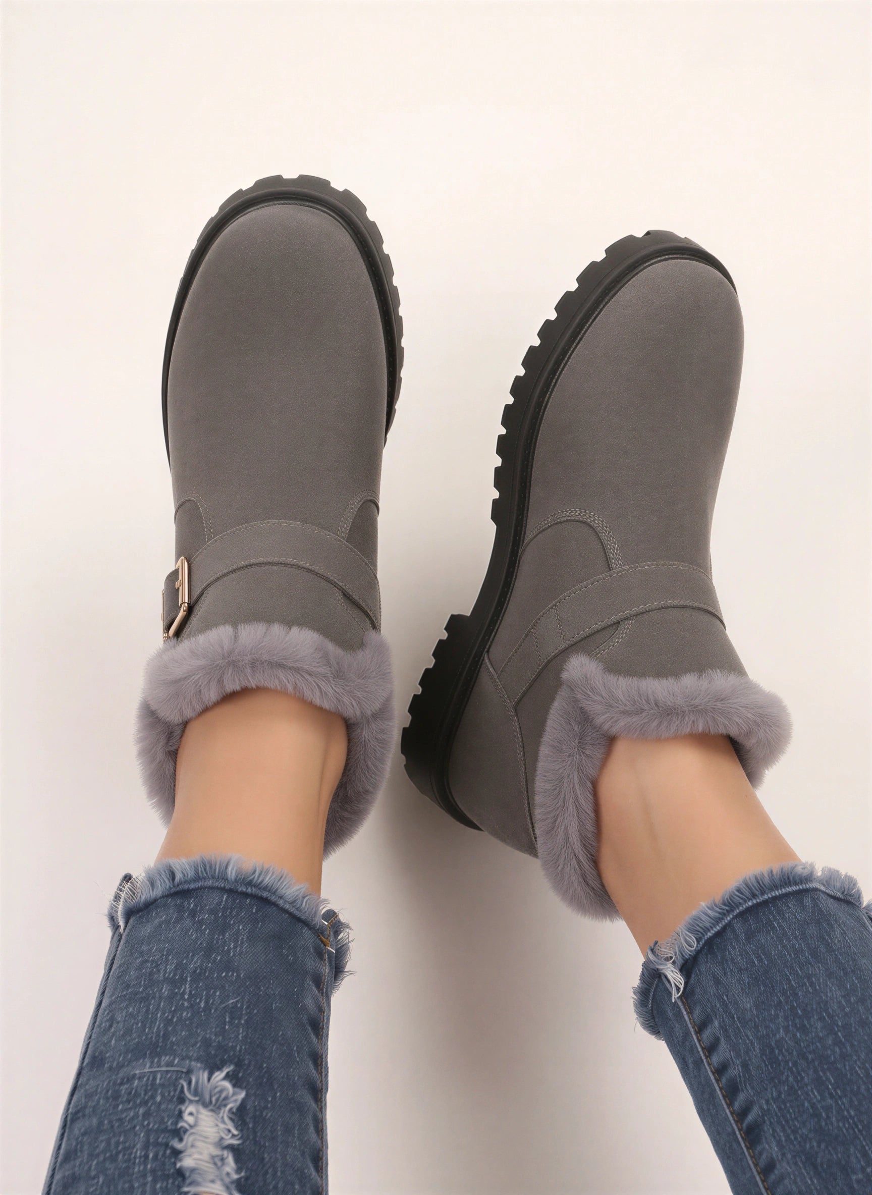 Frostrim Faux Fur Trim Ankle Boots – Suede Buckle Strap Winter Women Casual Ankle Boots