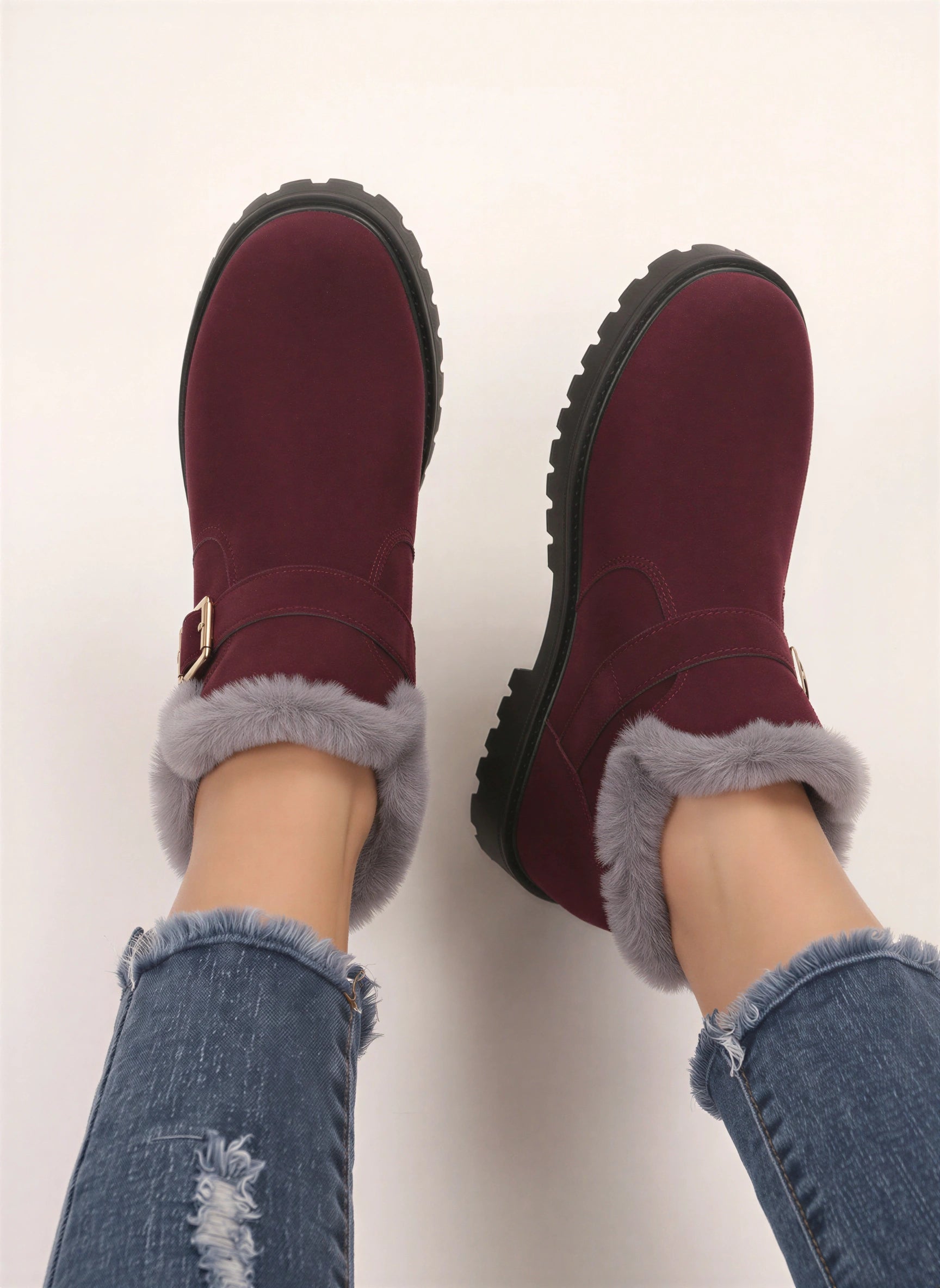 Frostrim Faux Fur Trim Ankle Boots – Suede Buckle Strap Winter Women Casual Ankle Boots