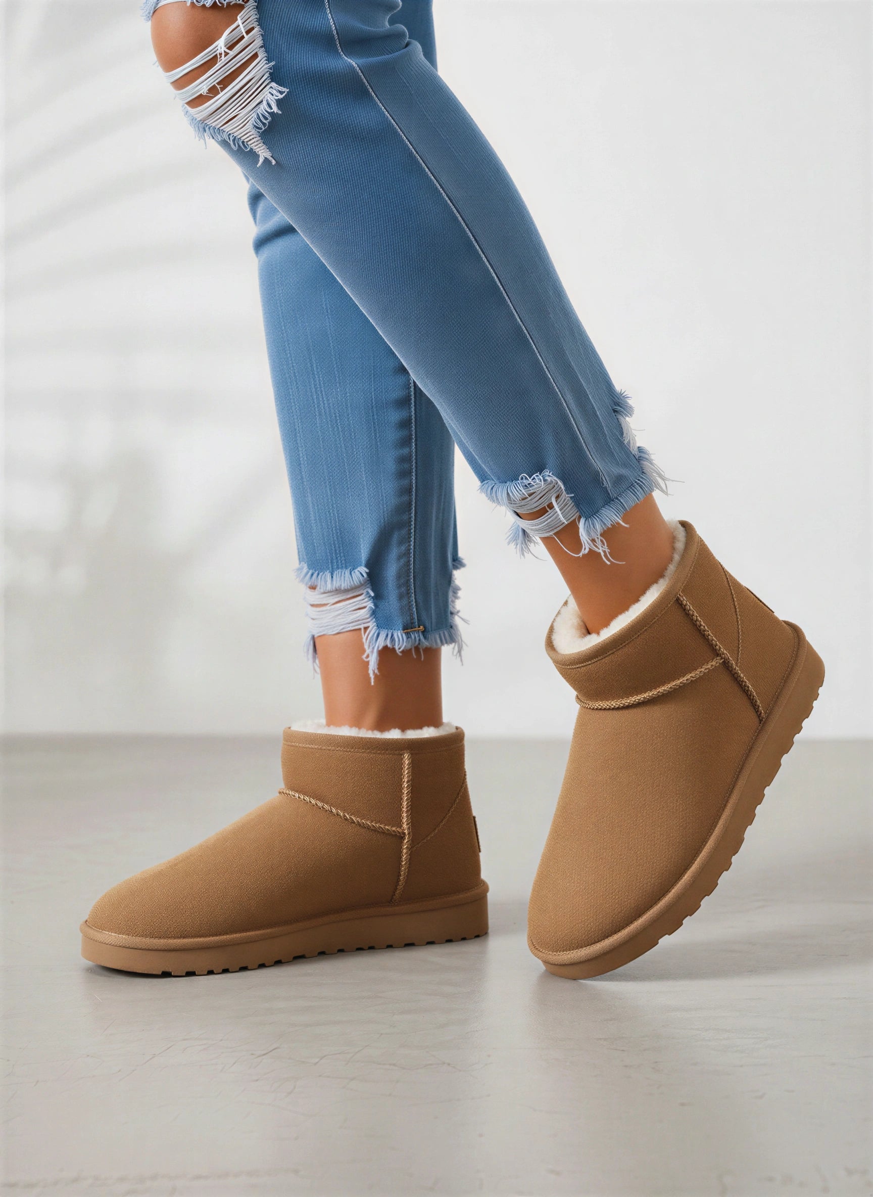 Nubron Mini Suede Shearling Boots – Ankle Winter Women Flat Platform Slip On Cozy Mini Boots