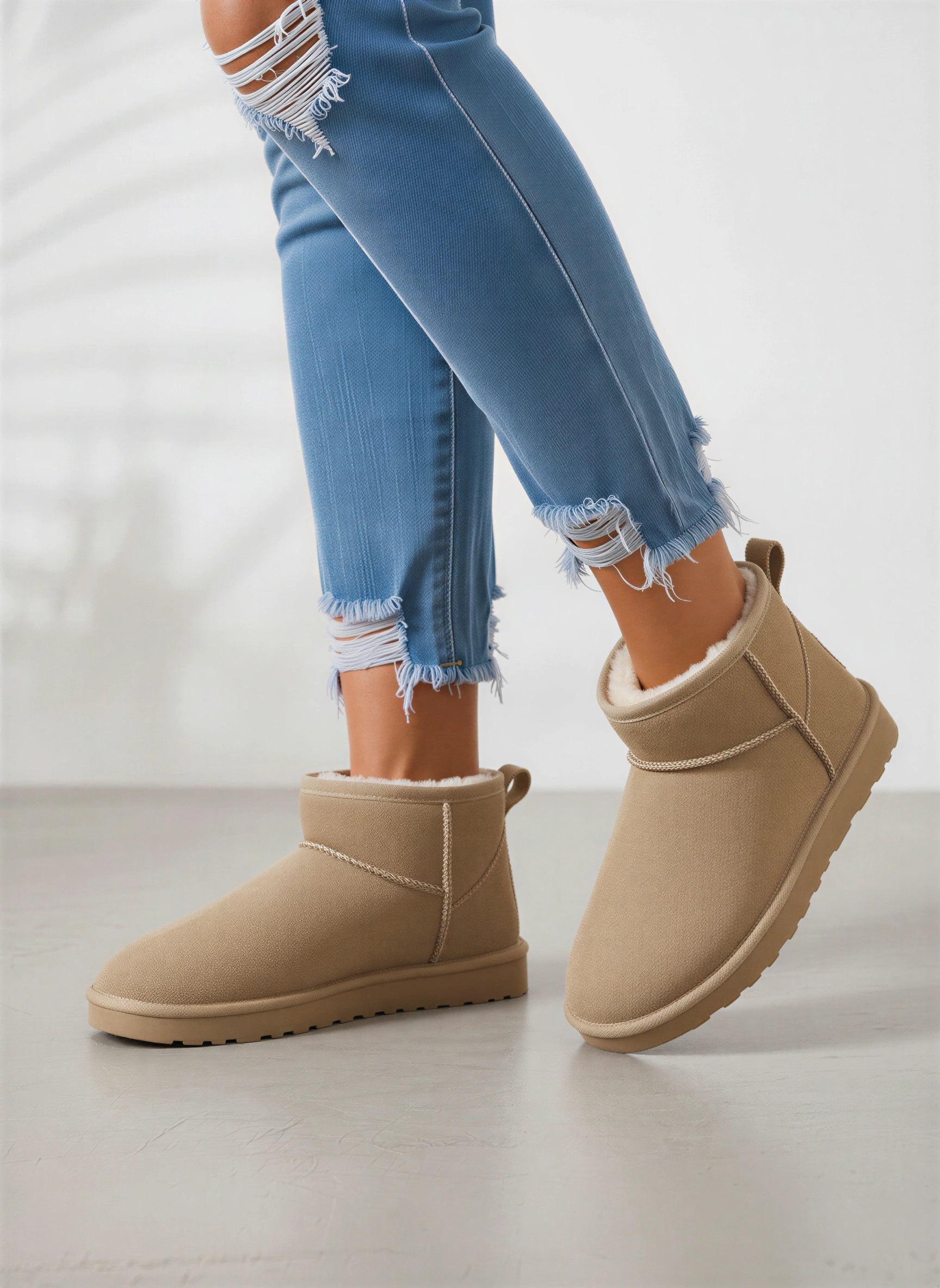 Nubron Mini Suede Shearling Boots – Ankle Winter Women Flat Platform Slip On Cozy Mini Boots
