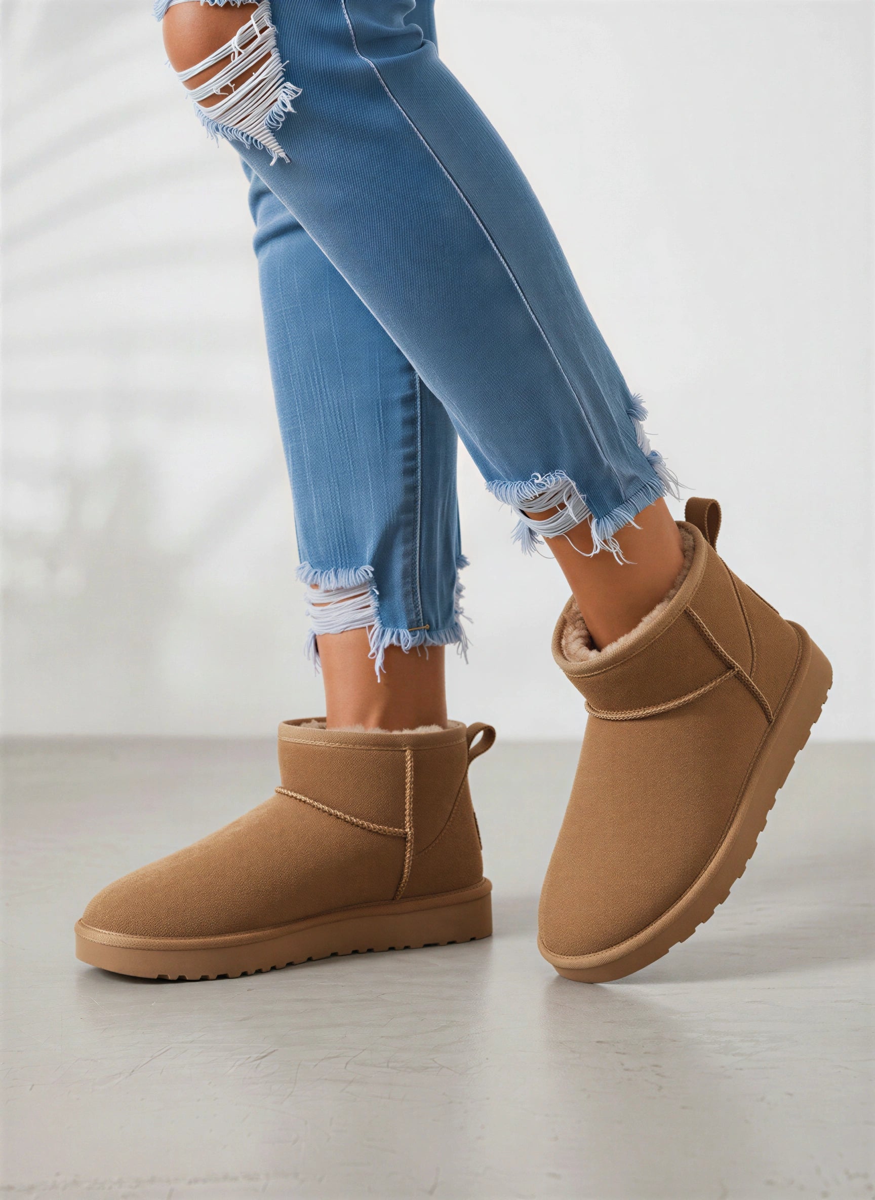 Nubron Mini Suede Shearling Boots – Ankle Winter Women Flat Platform Slip On Cozy Mini Boots