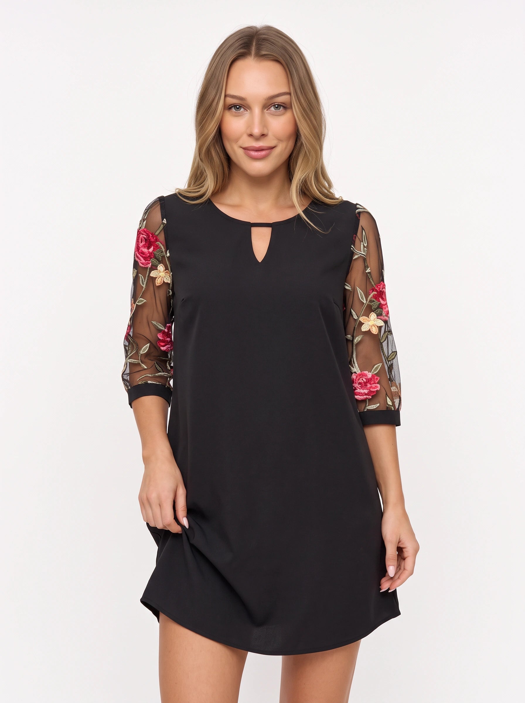 Rosalee Embroidered Mesh Sleeve Shift Mini Dress – Women Long Sleeve Cocktail Party Evening Formal Mini Dress