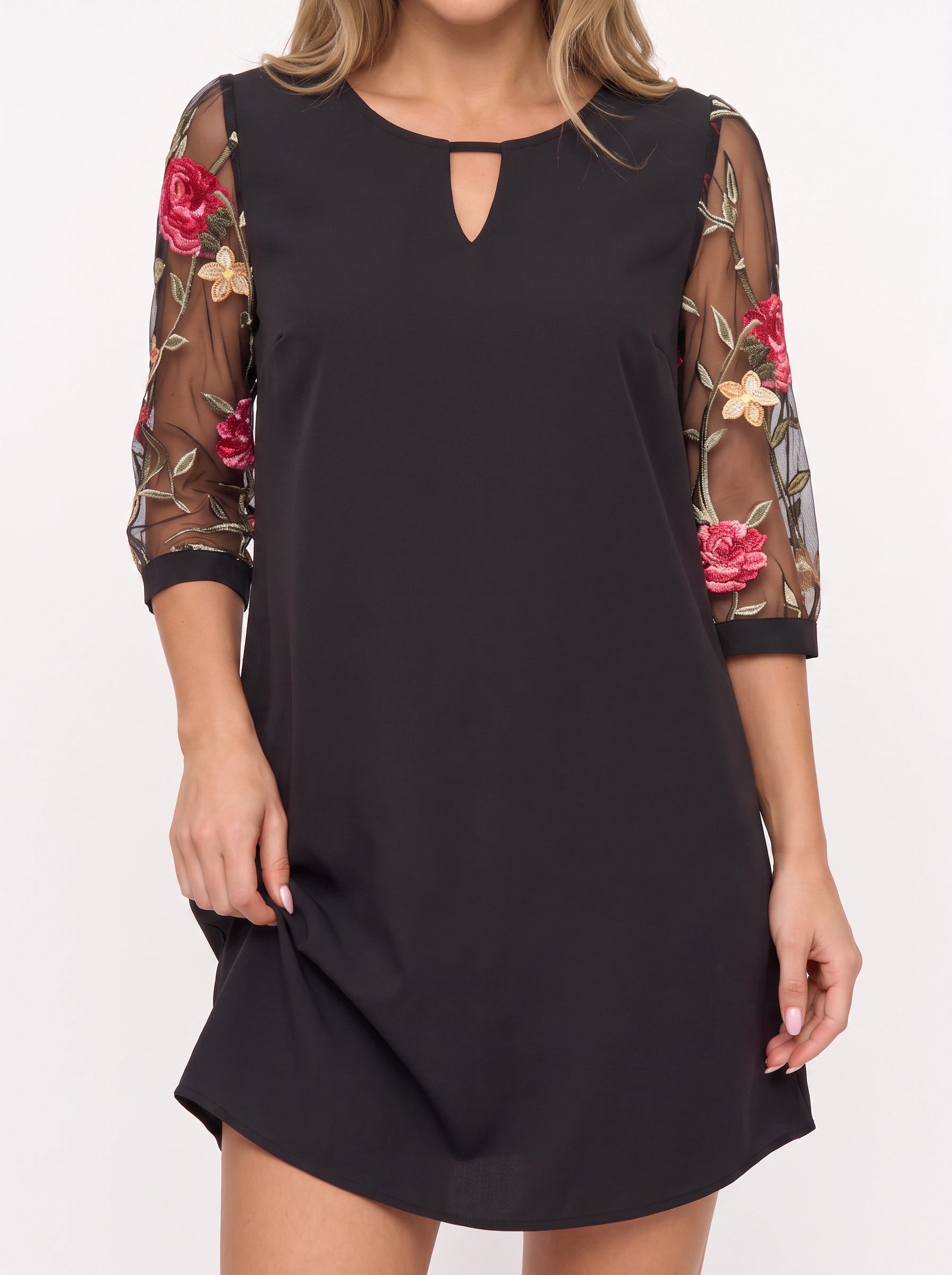 Rosalee Embroidered Mesh Sleeve Shift Mini Dress – Women Long Sleeve Cocktail Party Evening Formal Mini Dress