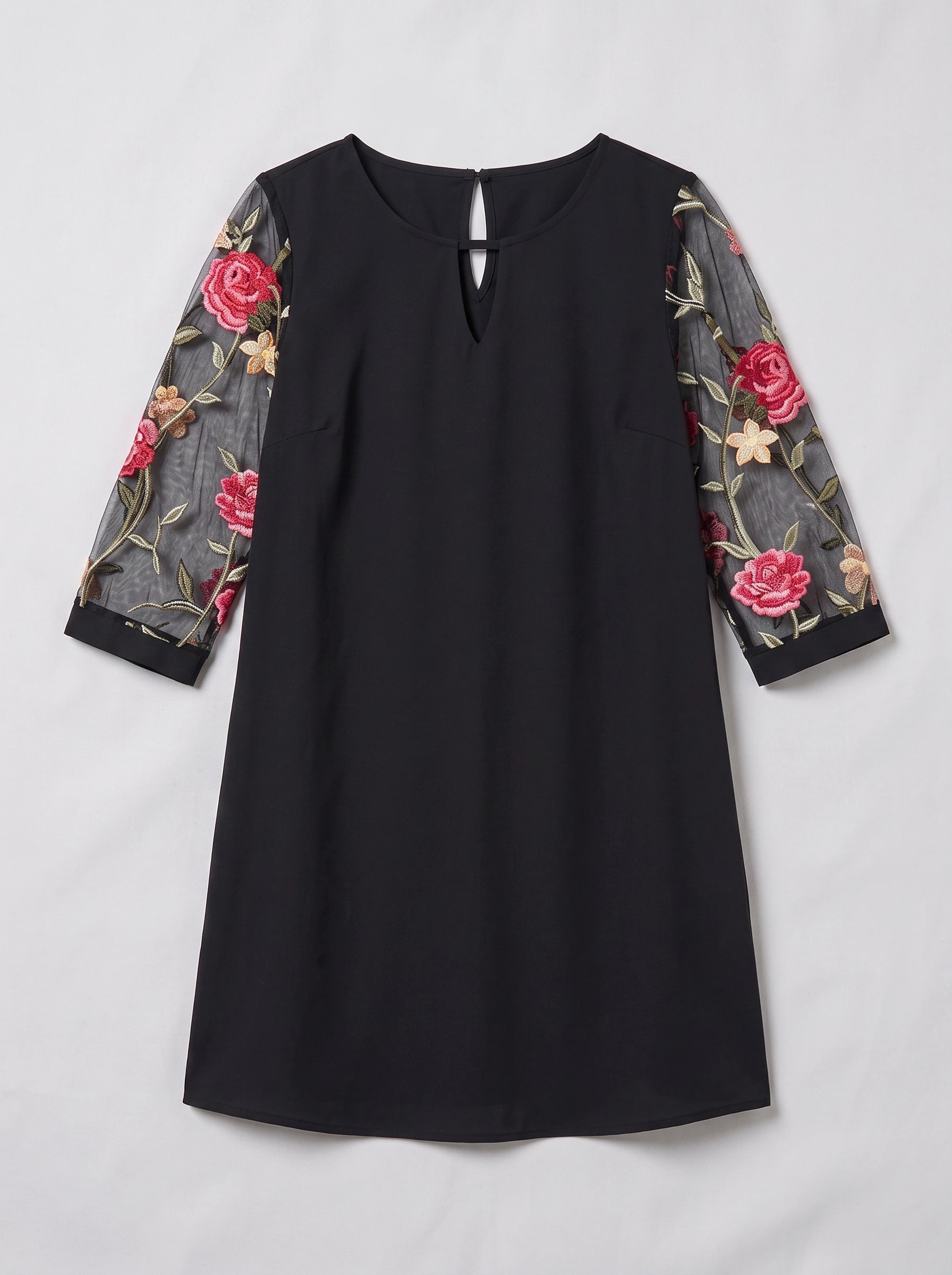 Rosalee Embroidered Mesh Sleeve Shift Mini Dress – Women Long Sleeve Cocktail Party Evening Formal Mini Dress