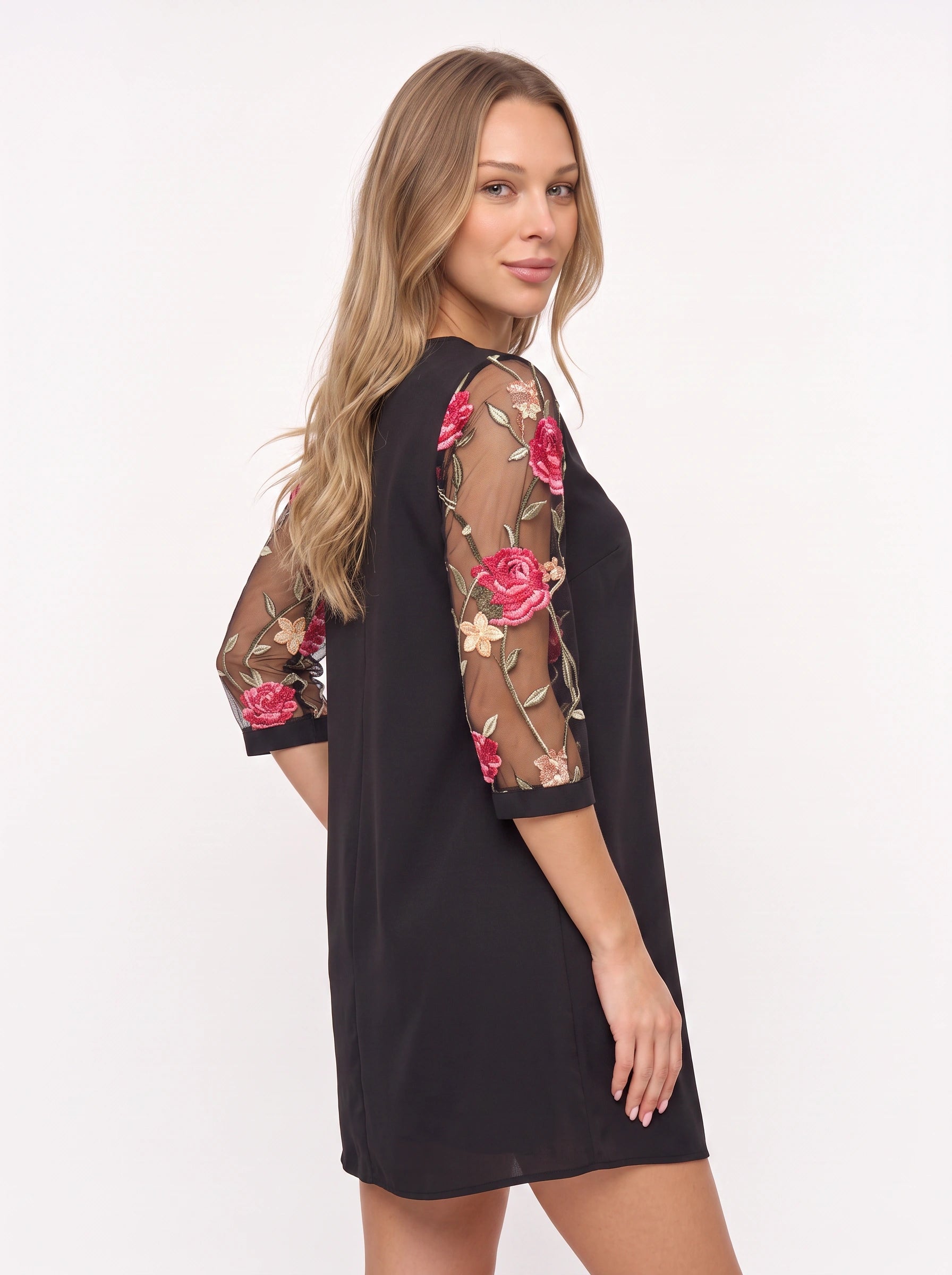 Rosalee Embroidered Mesh Sleeve Shift Mini Dress – Women Long Sleeve Cocktail Party Evening Formal Mini Dress