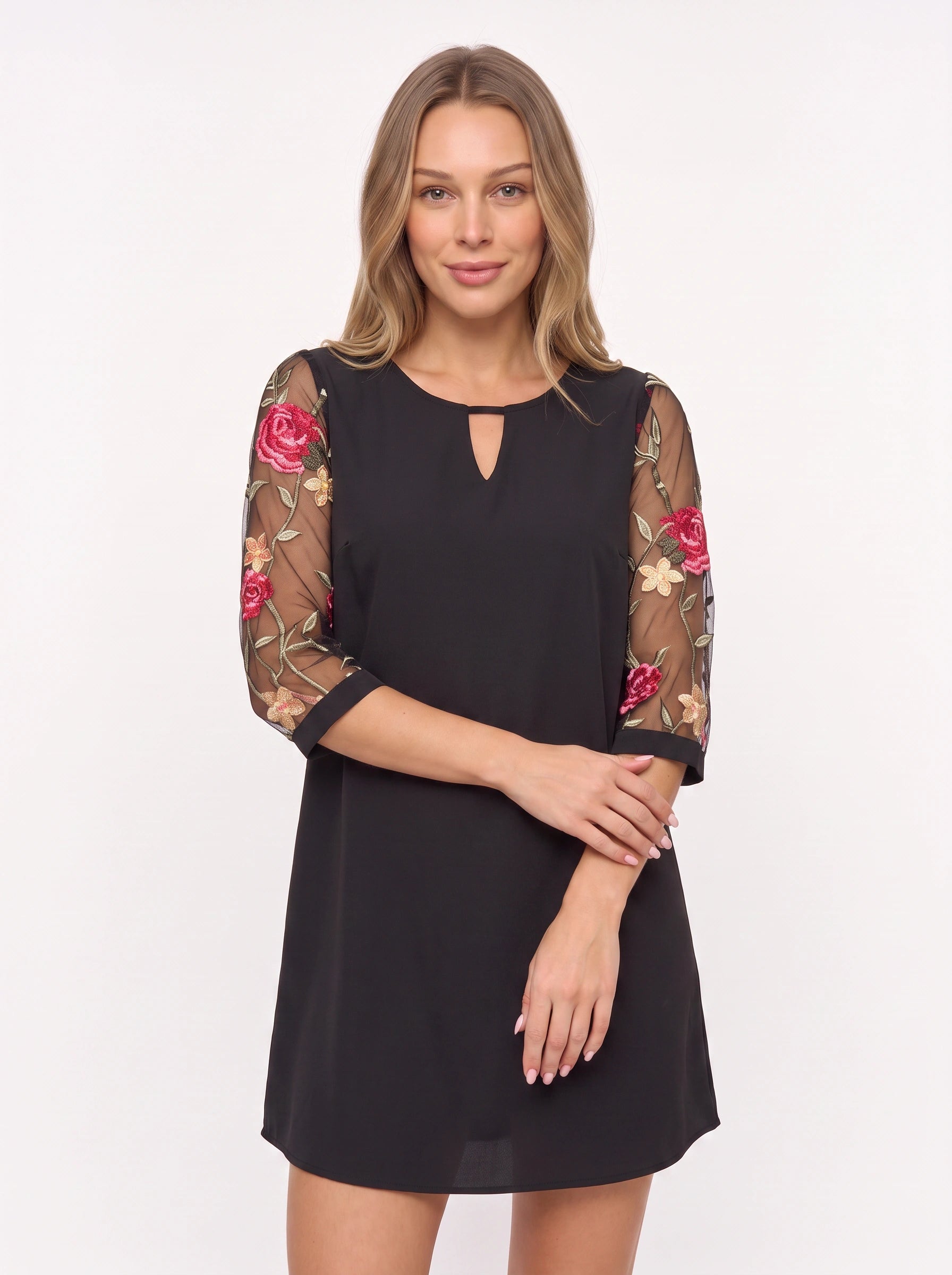 Rosalee Embroidered Mesh Sleeve Shift Mini Dress – Women Long Sleeve Cocktail Party Evening Formal Mini Dress