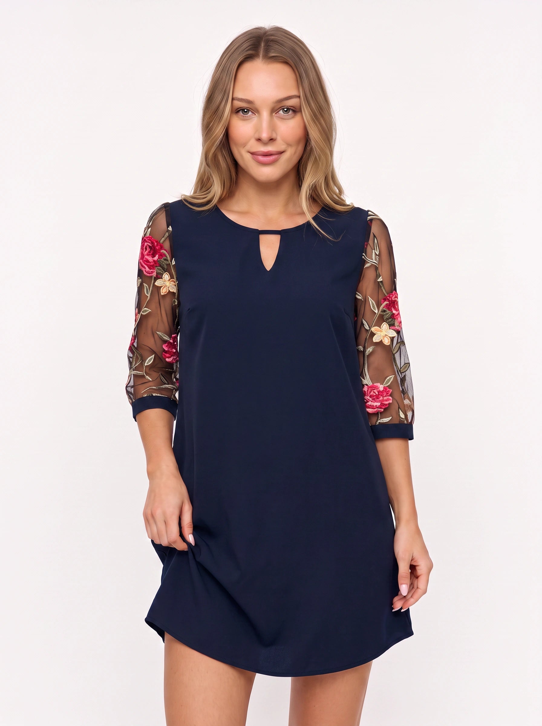 Rosalee Embroidered Mesh Sleeve Shift Mini Dress – Women Long Sleeve Cocktail Party Evening Formal Mini Dress