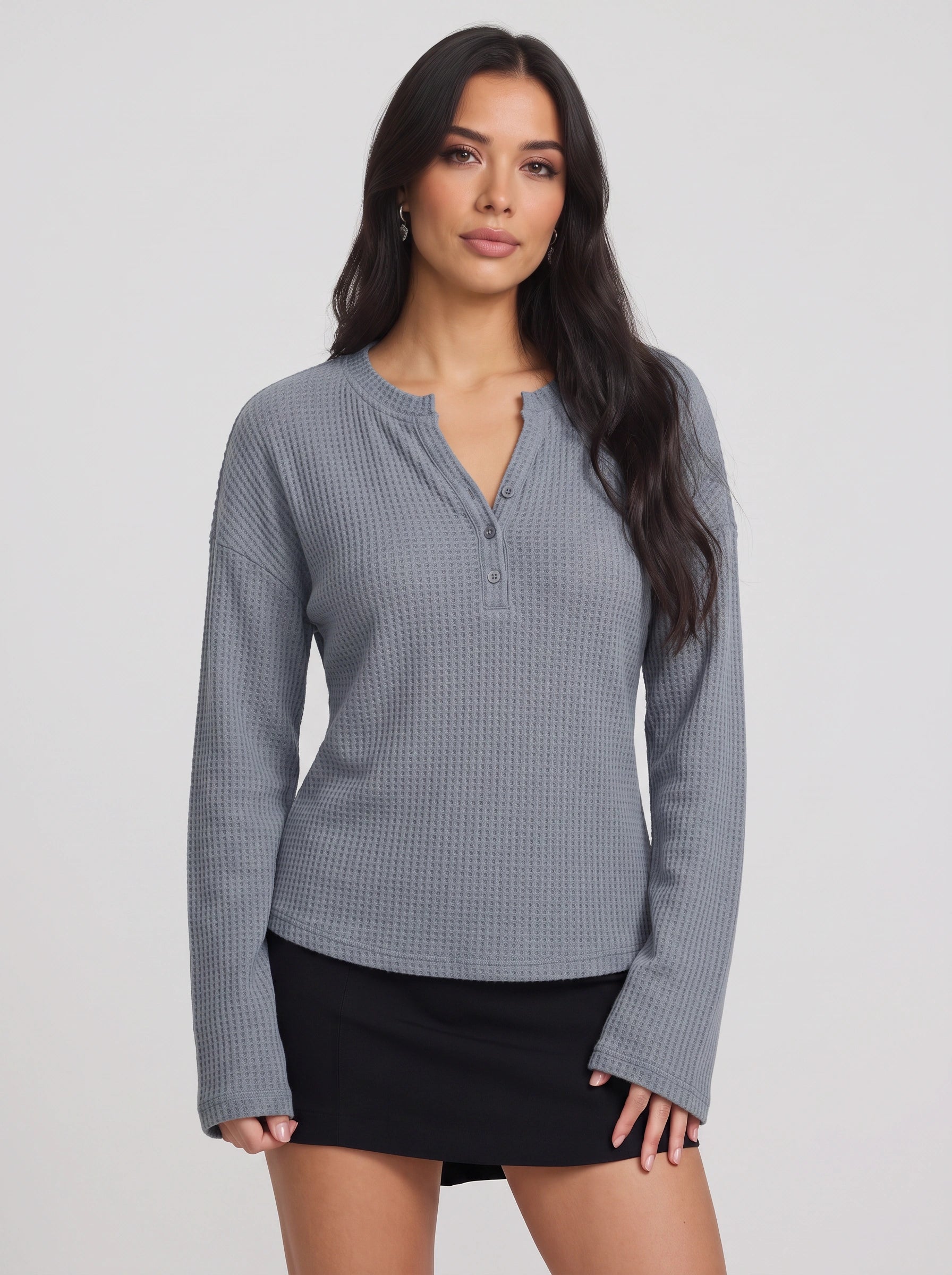 Waflea Button-Front Henley Top – Waffle Knit Blouse Women Casual Henley Long Sleeve Shirts Tops