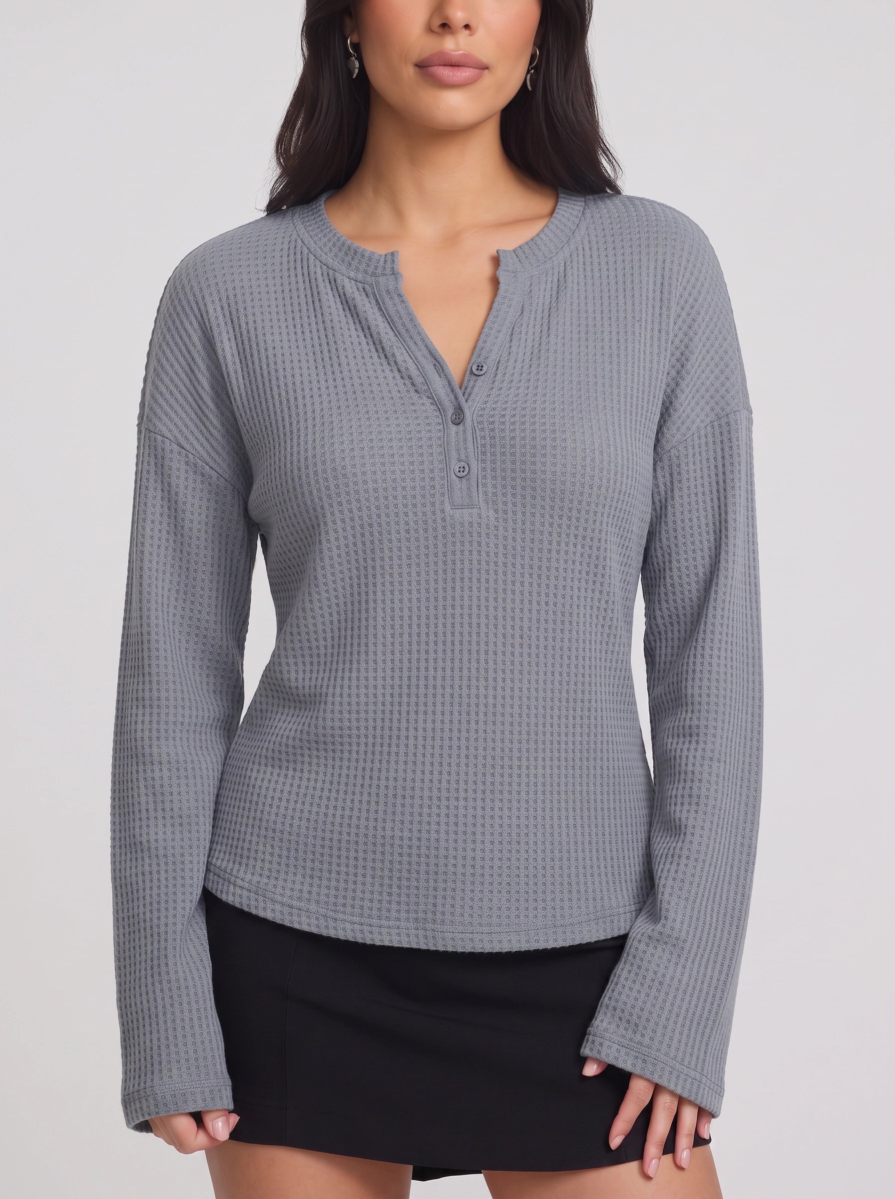 Waflea Button-Front Henley Top – Waffle Knit Blouse Women Casual Henley Long Sleeve Shirts Tops