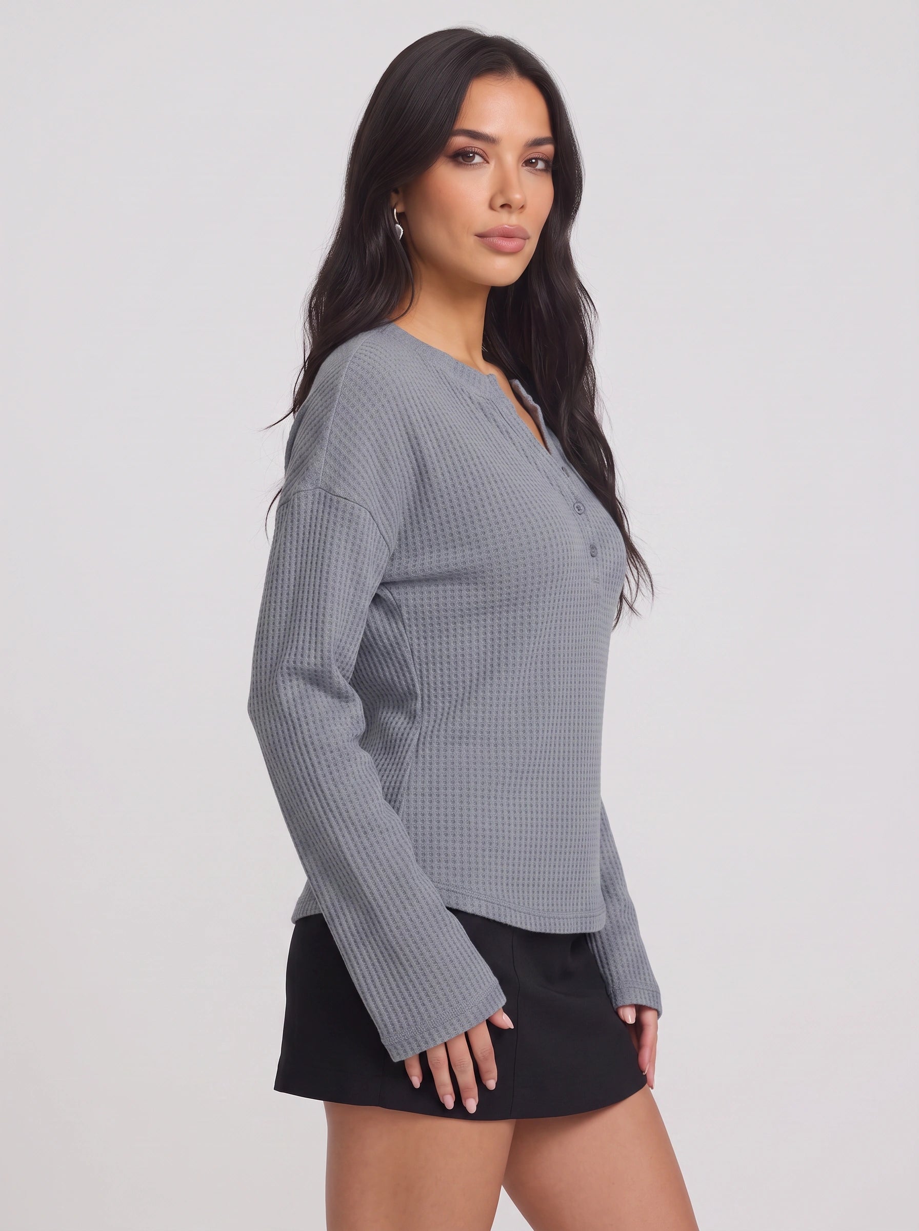 Waflea Button-Front Henley Top – Waffle Knit Blouse Women Casual Henley Long Sleeve Shirts Tops