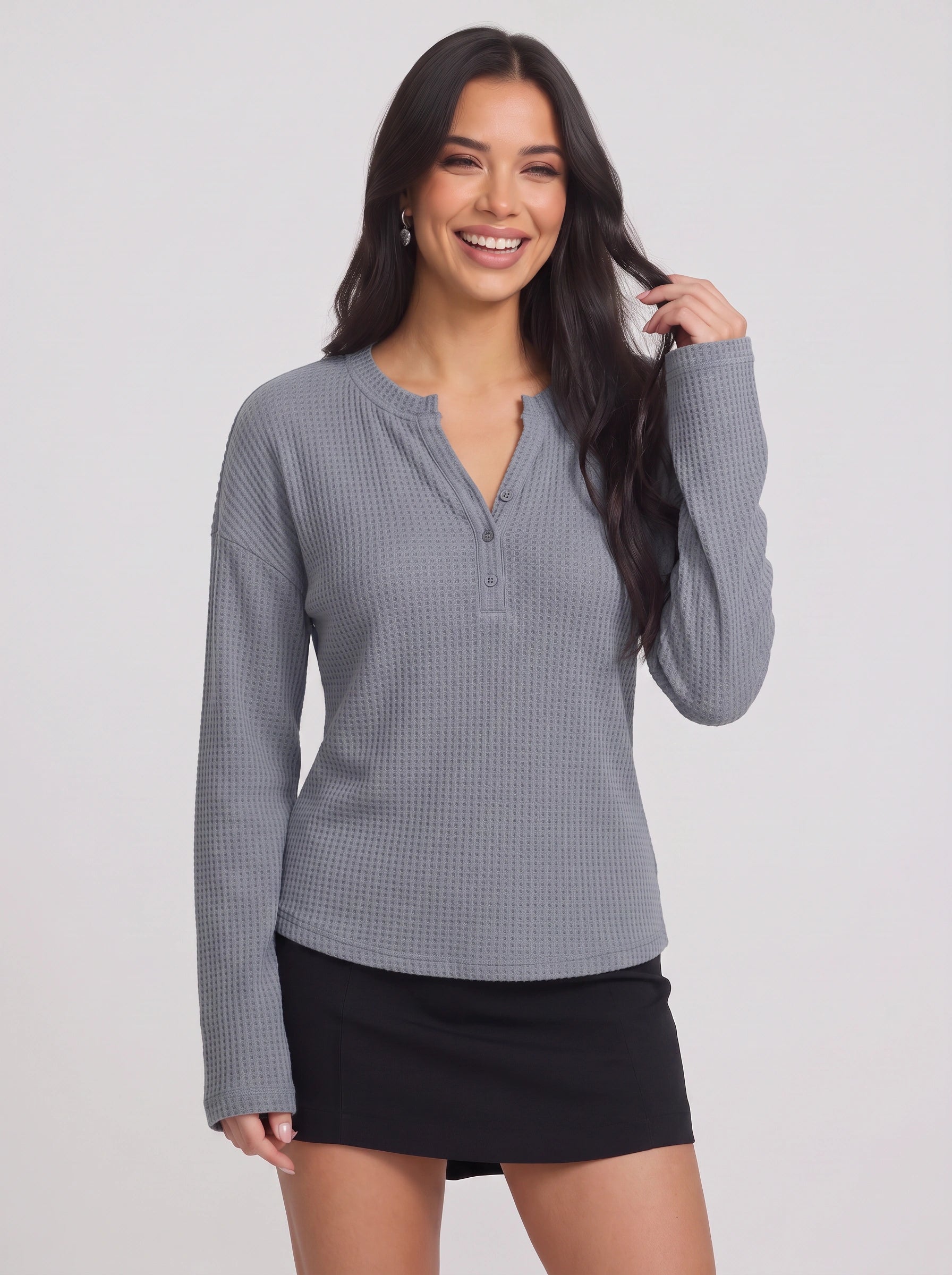 Waflea Button-Front Henley Top – Waffle Knit Blouse Women Casual Henley Long Sleeve Shirts Tops