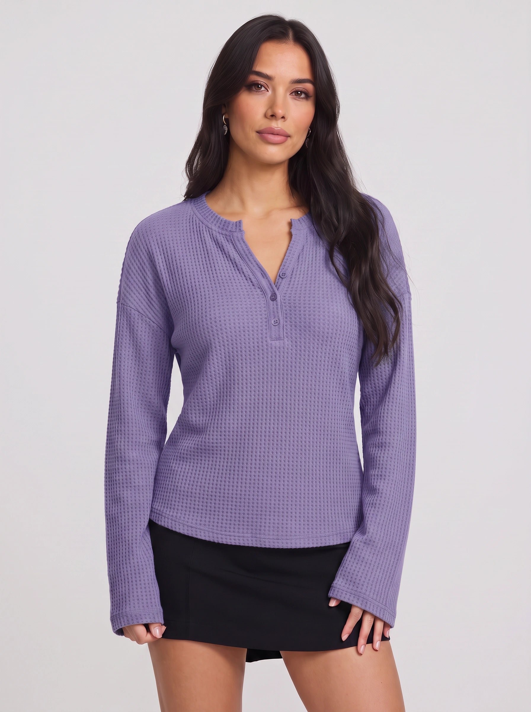 Waflea Button-Front Henley Top – Waffle Knit Blouse Women Casual Henley Long Sleeve Shirts Tops