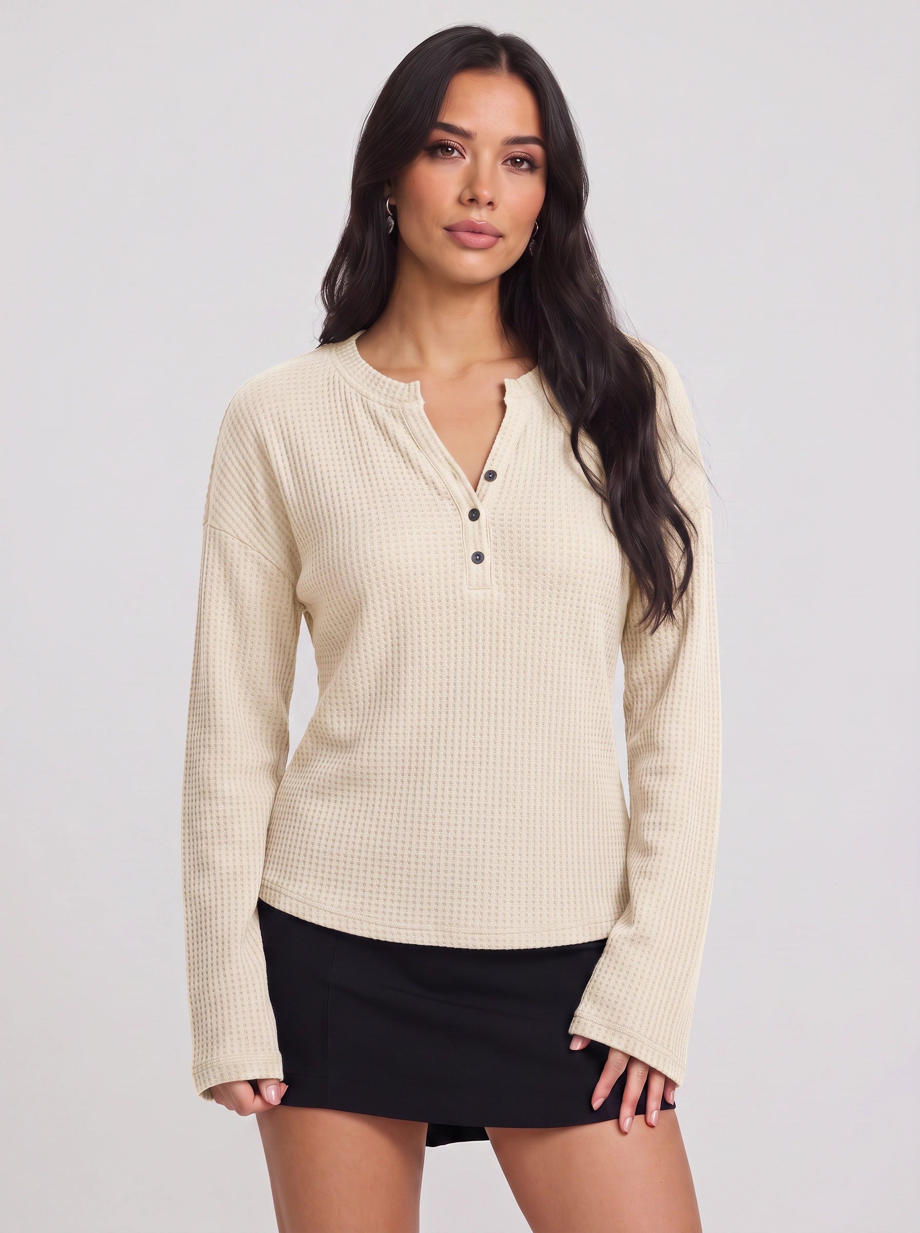 Waflea Button-Front Henley Top – Waffle Knit Blouse Women Casual Henley Long Sleeve Shirts Tops