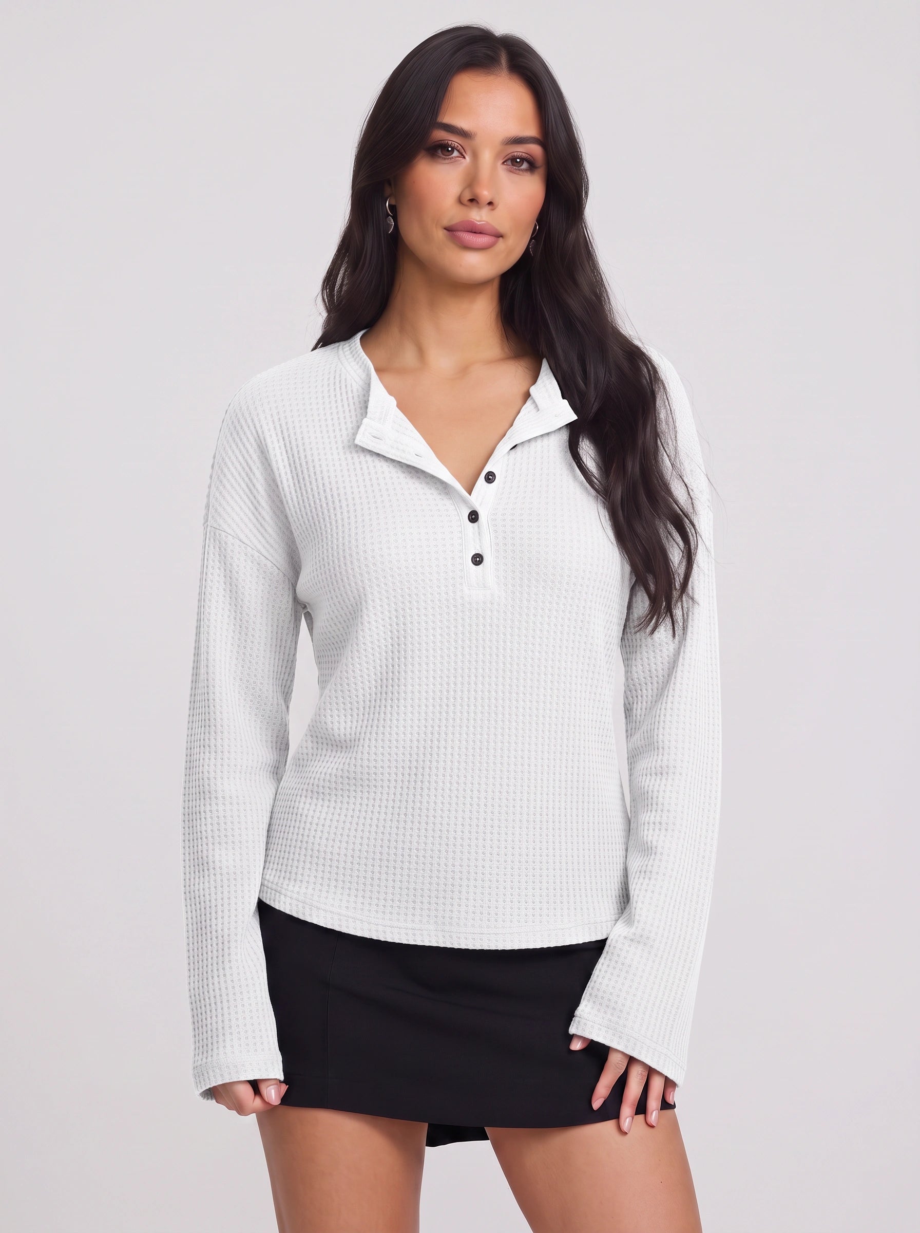 Waflea Button-Front Henley Top – Waffle Knit Blouse Women Casual Henley Long Sleeve Shirts Tops