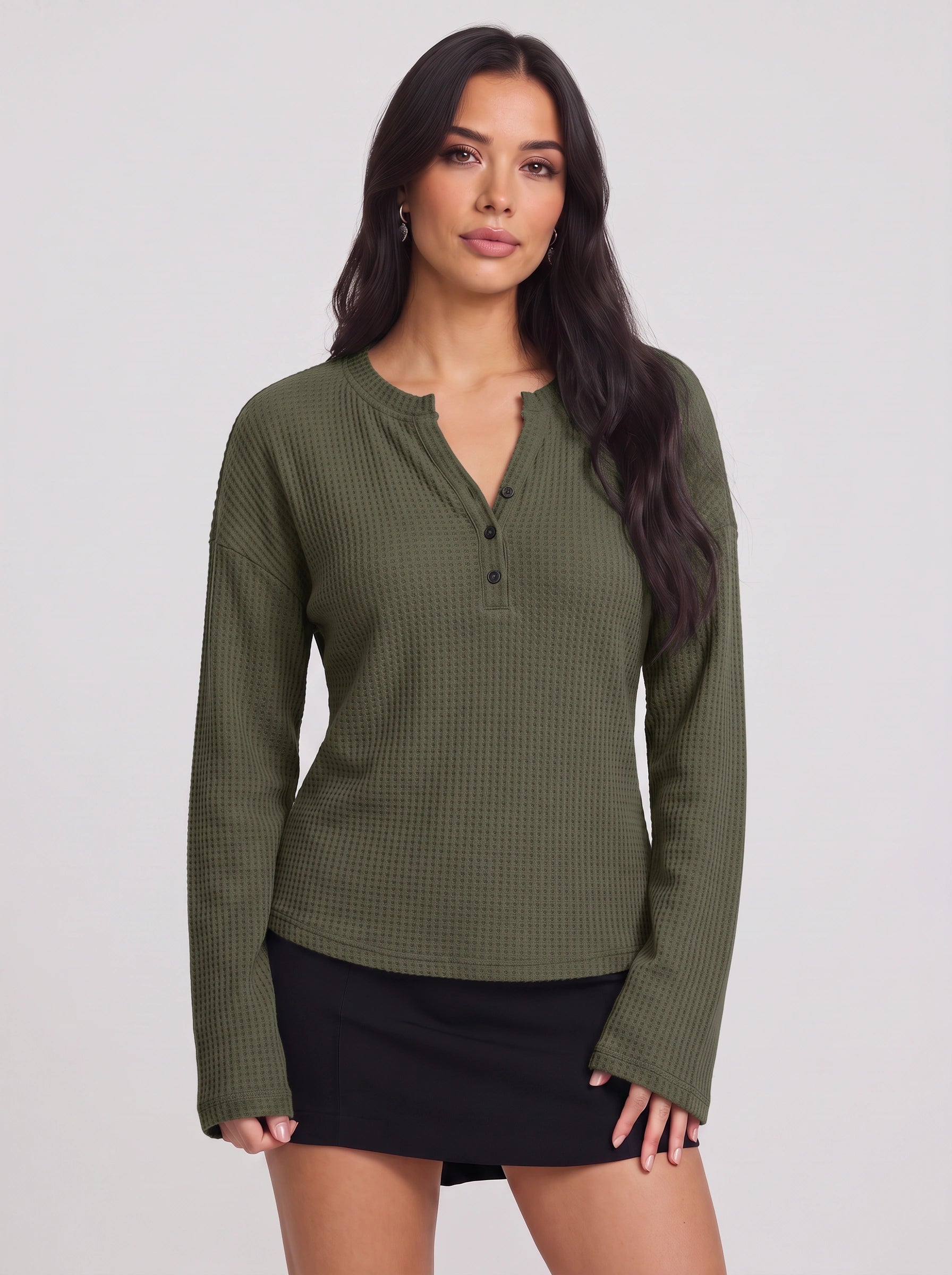 Waflea Button-Front Henley Top – Waffle Knit Blouse Women Casual Henley Long Sleeve Shirts Tops