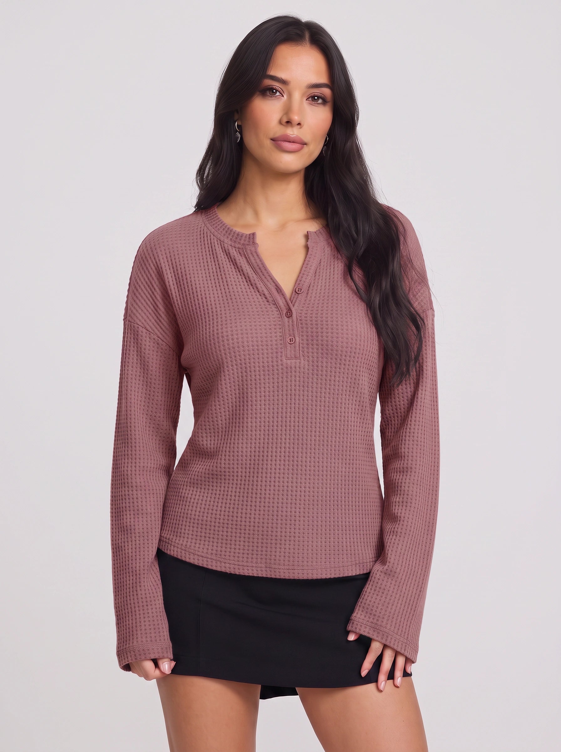 Waflea Button-Front Henley Top – Waffle Knit Blouse Women Casual Henley Long Sleeve Shirts Tops