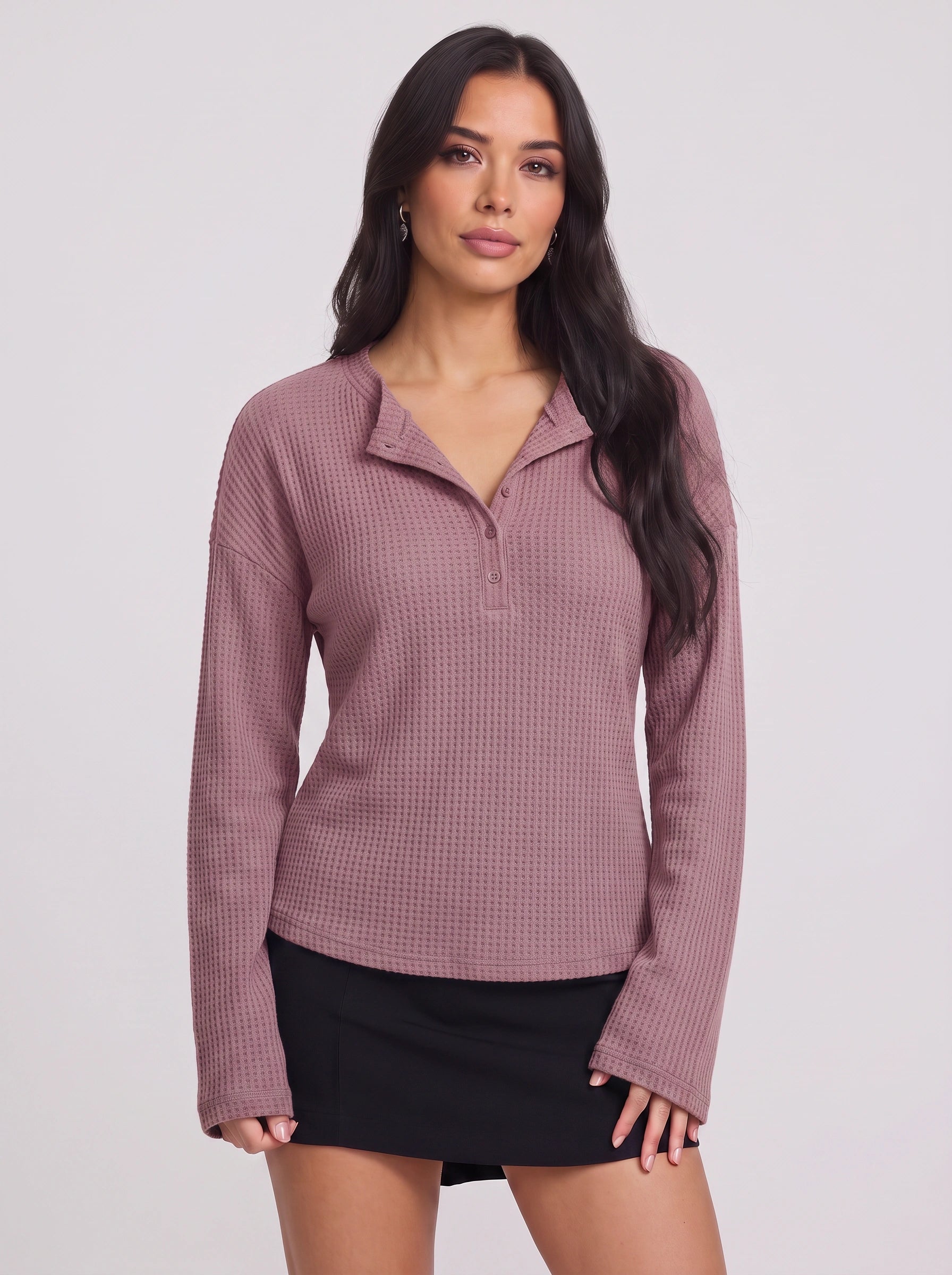 Waflea Button-Front Henley Top – Waffle Knit Blouse Women Casual Henley Long Sleeve Shirts Tops