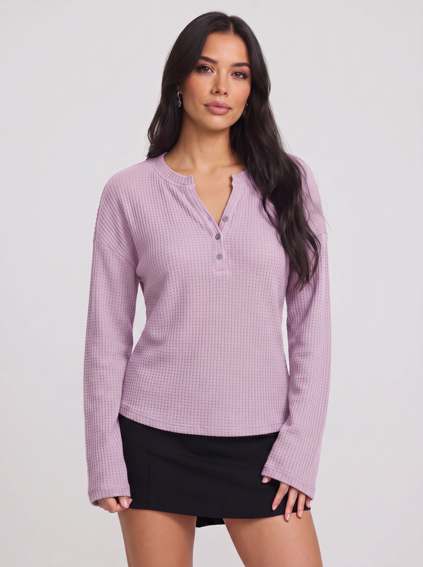 Waflea Button-Front Henley Top – Waffle Knit Blouse Women Casual Henley Long Sleeve Shirts Tops