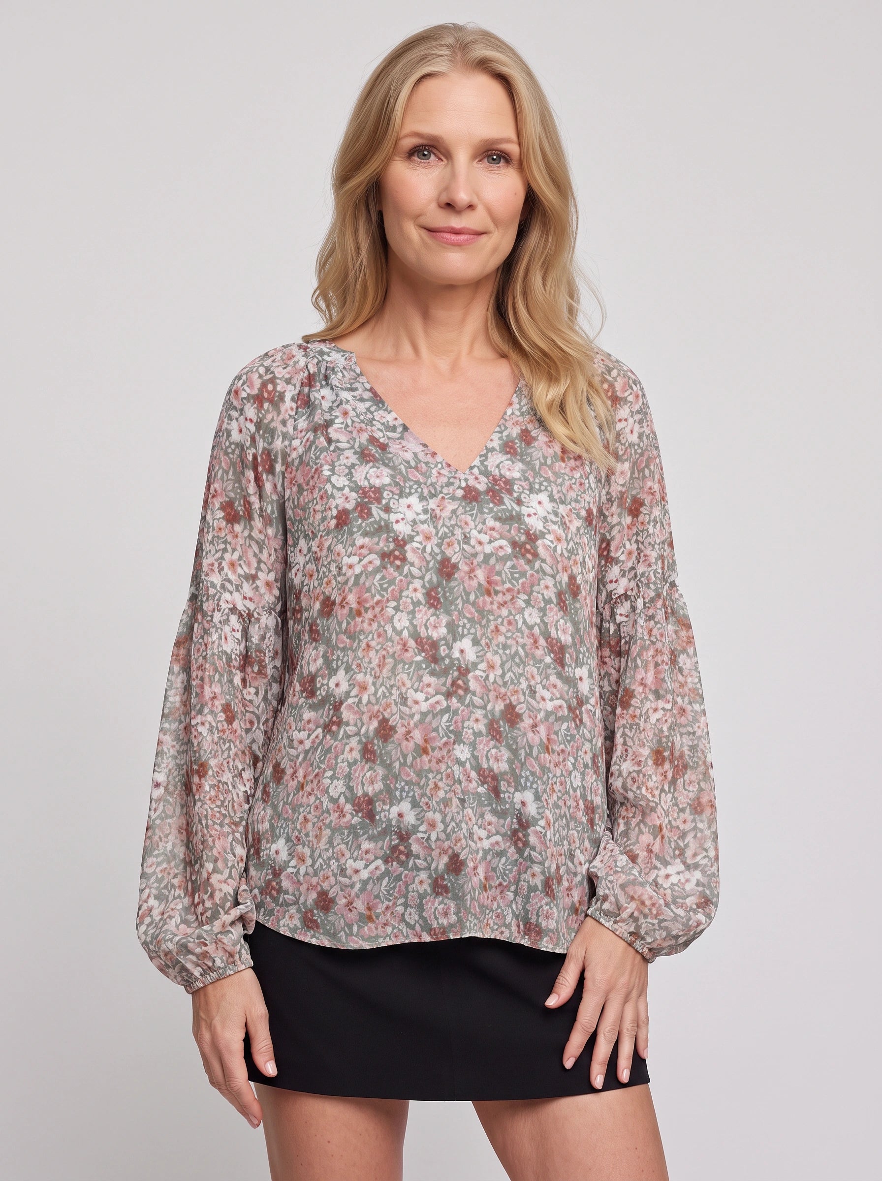 Fioriette V-Neck Balloon Sleeve Blouse – Floral Women Casual Dressy Summer Evening Office Long Sleeve Top