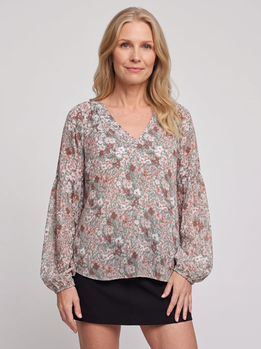 Fioriette V-Neck Balloon Sleeve Blouse – Floral Women Casual Dressy Summer Evening Office Long Sleeve Top