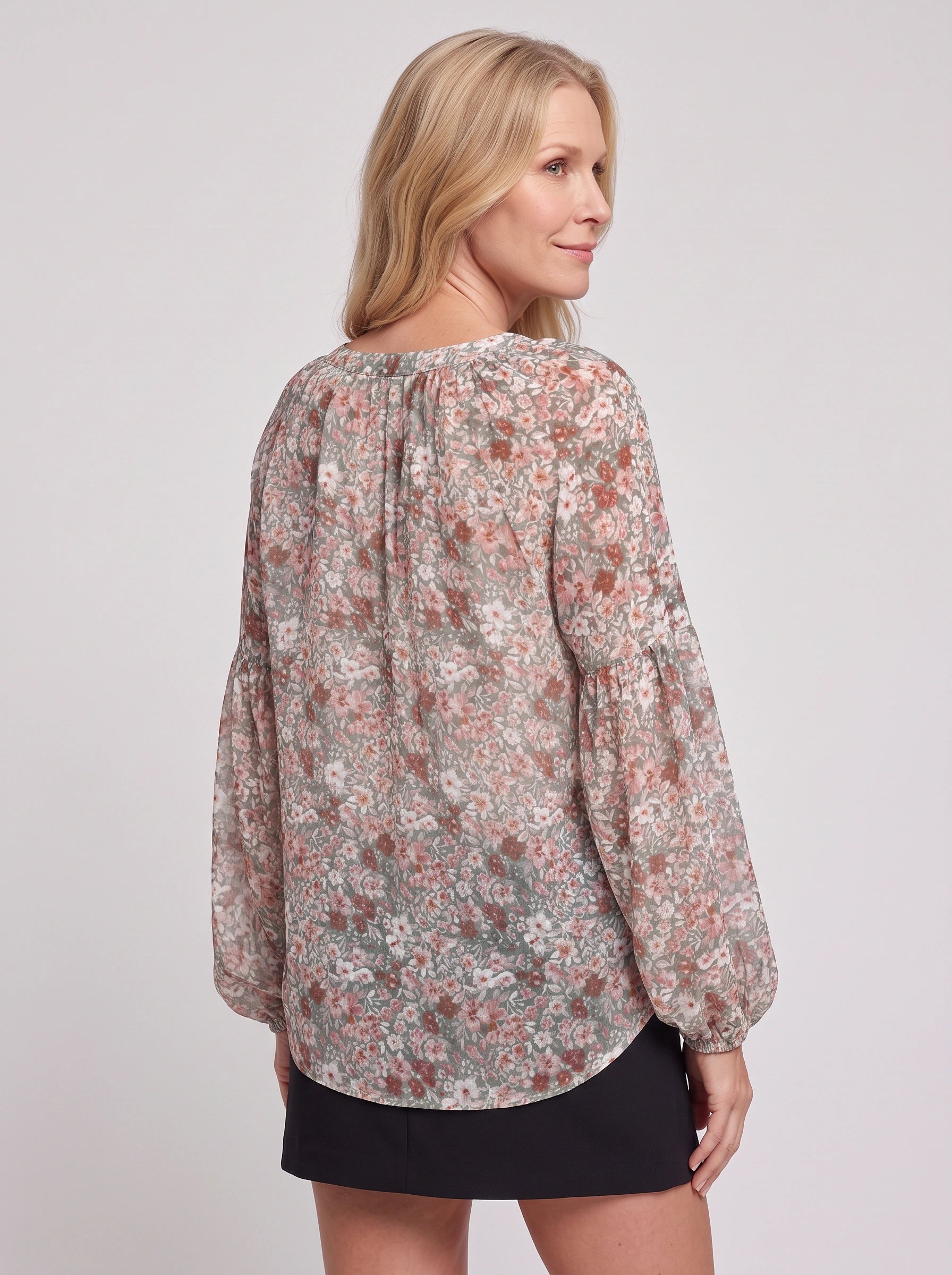 Fioriette V-Neck Balloon Sleeve Blouse – Floral Women Casual Dressy Summer Evening Office Long Sleeve Top