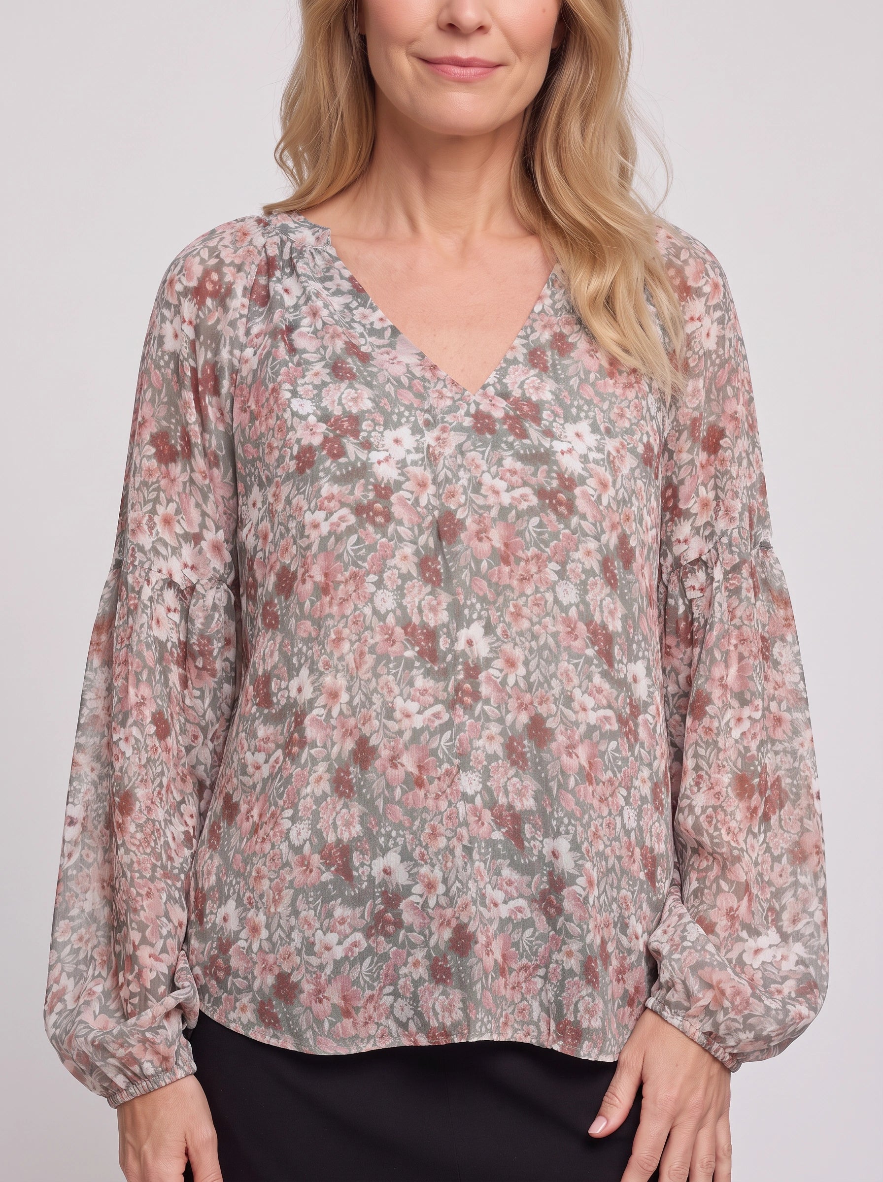 Fioriette V-Neck Balloon Sleeve Blouse – Floral Women Casual Dressy Summer Evening Office Long Sleeve Top