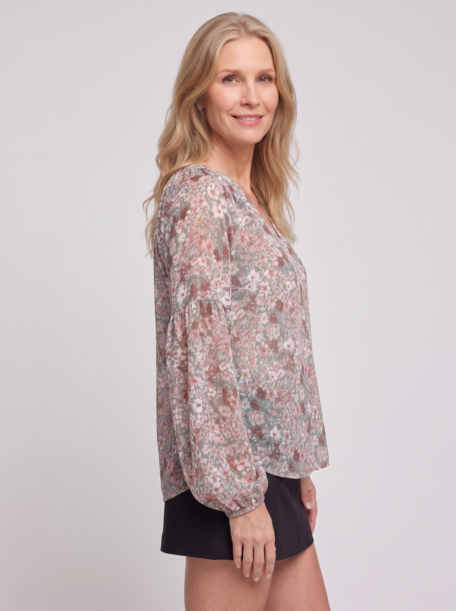 Fioriette V-Neck Balloon Sleeve Blouse – Floral Women Casual Dressy Summer Evening Office Long Sleeve Top