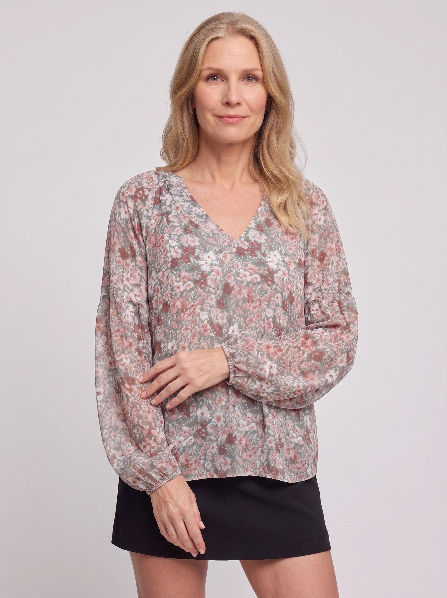Fioriette V-Neck Balloon Sleeve Blouse – Floral Women Casual Dressy Summer Evening Office Long Sleeve Top