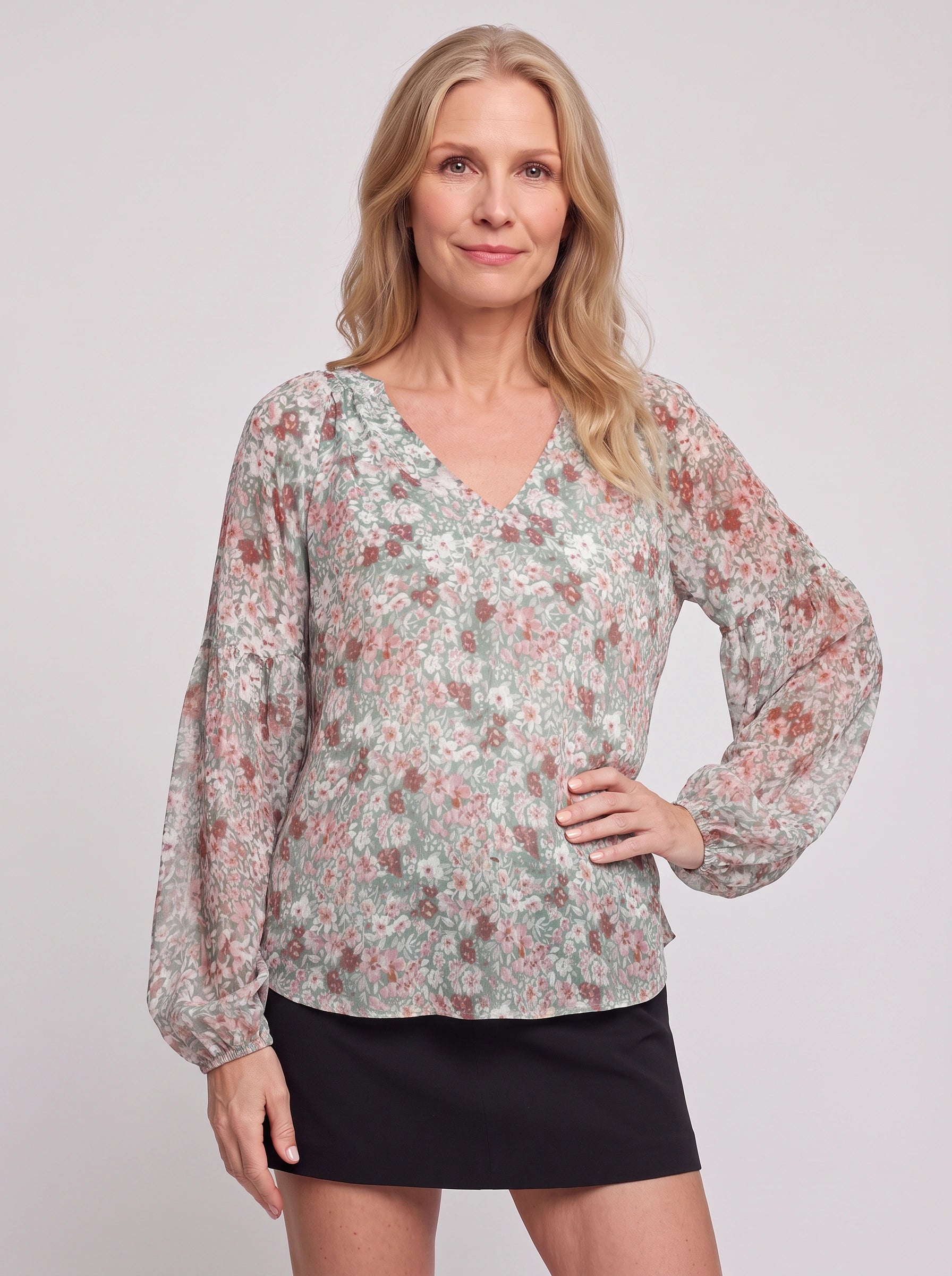 Fioriette V-Neck Balloon Sleeve Blouse – Floral Women Casual Dressy Summer Evening Office Long Sleeve Top
