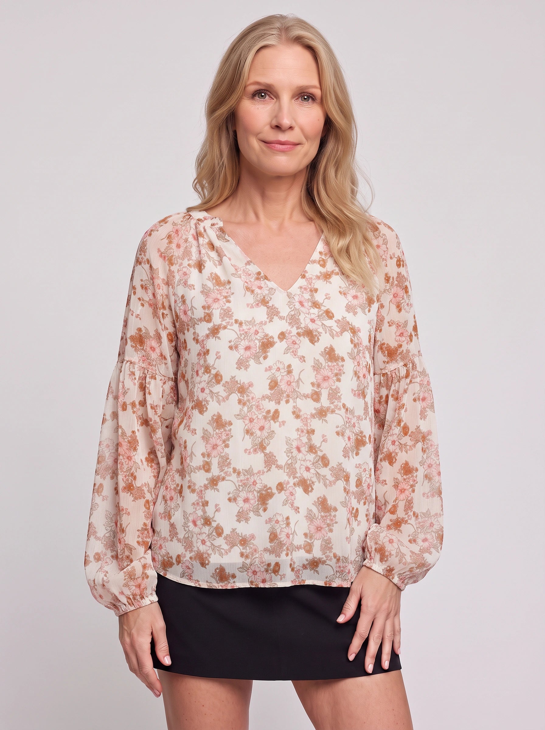 Fioriette V-Neck Balloon Sleeve Blouse – Floral Women Casual Dressy Summer Evening Office Long Sleeve Top