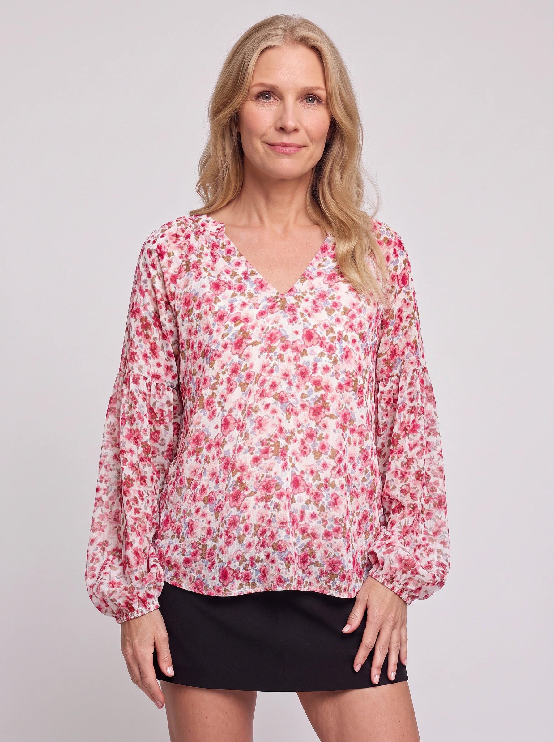 Fioriette V-Neck Balloon Sleeve Blouse – Floral Women Casual Dressy Summer Evening Office Long Sleeve Top